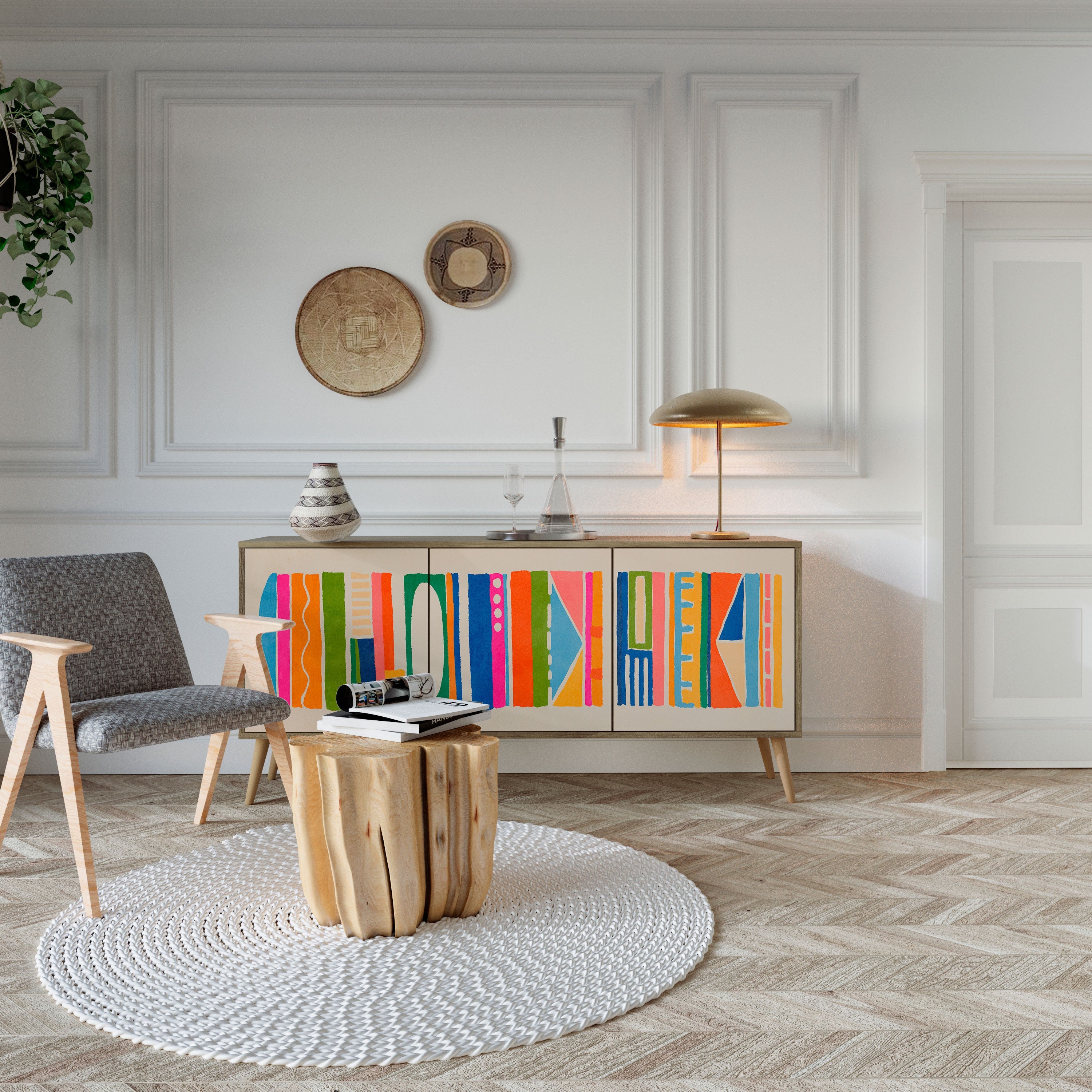 GEOMETRIC SHINE 3-türiges Sideboard in Eichenoptik