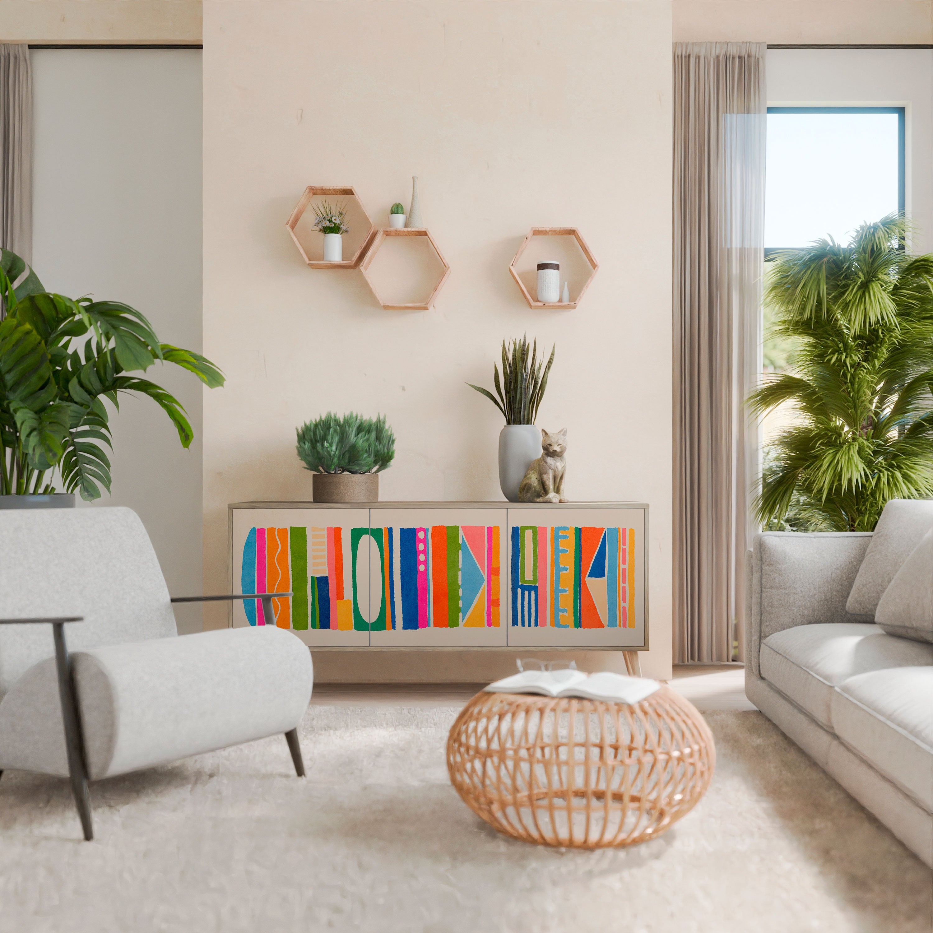 GEOMETRIC SHINE 3-türiges Sideboard in Eichenoptik