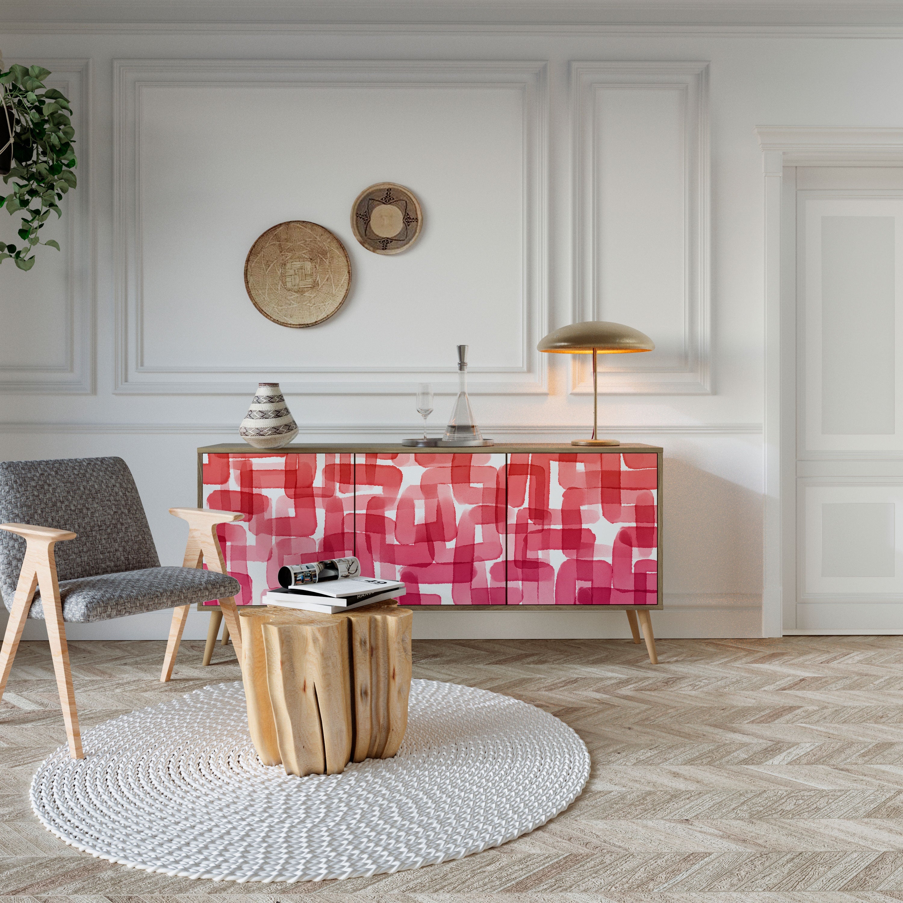 KALEIDOSKOPISCHES KUBISMUS-Sideboard mit 3 Türen in Eichenoptik