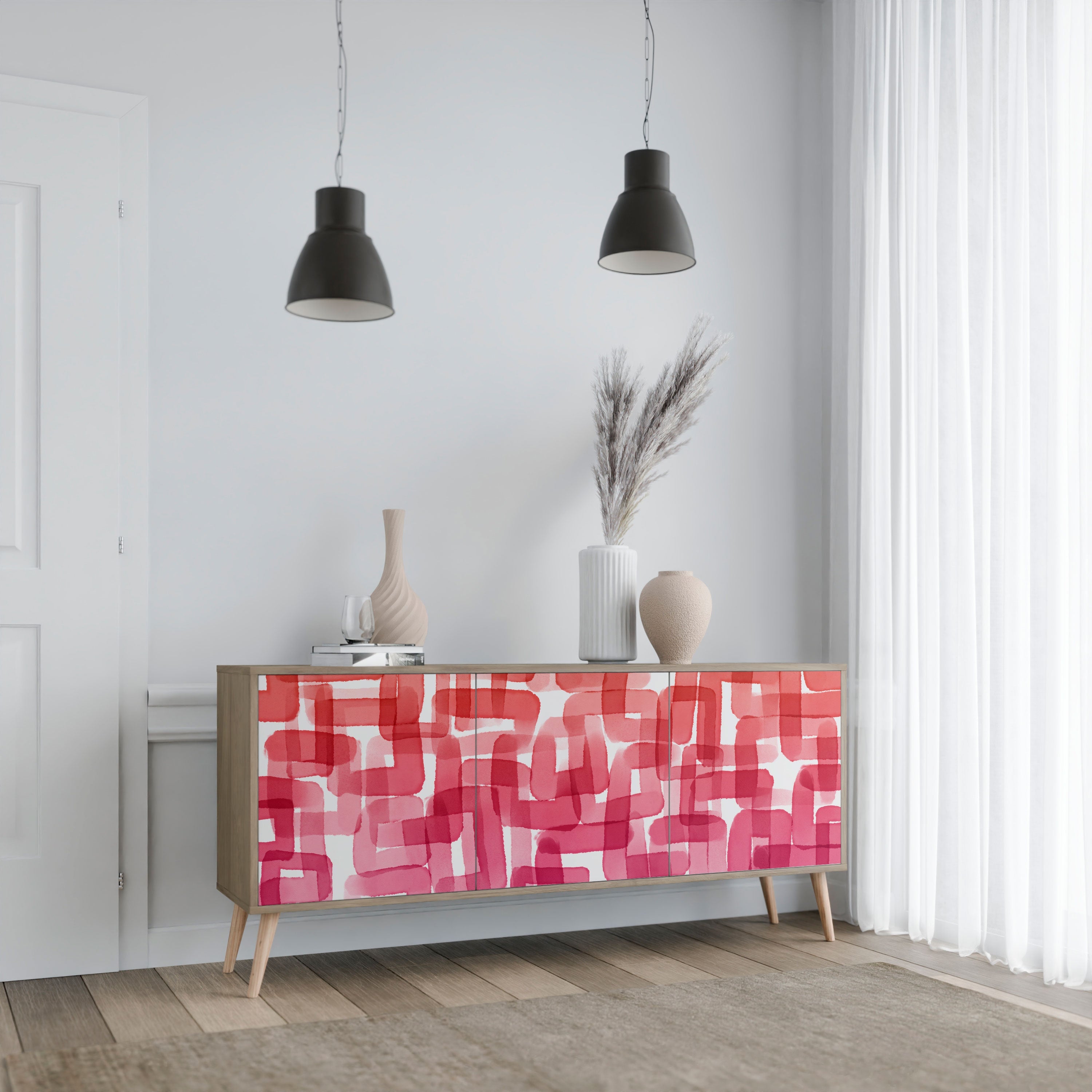 KALEIDOSKOPISCHES KUBISMUS-Sideboard mit 3 Türen in Eichenoptik