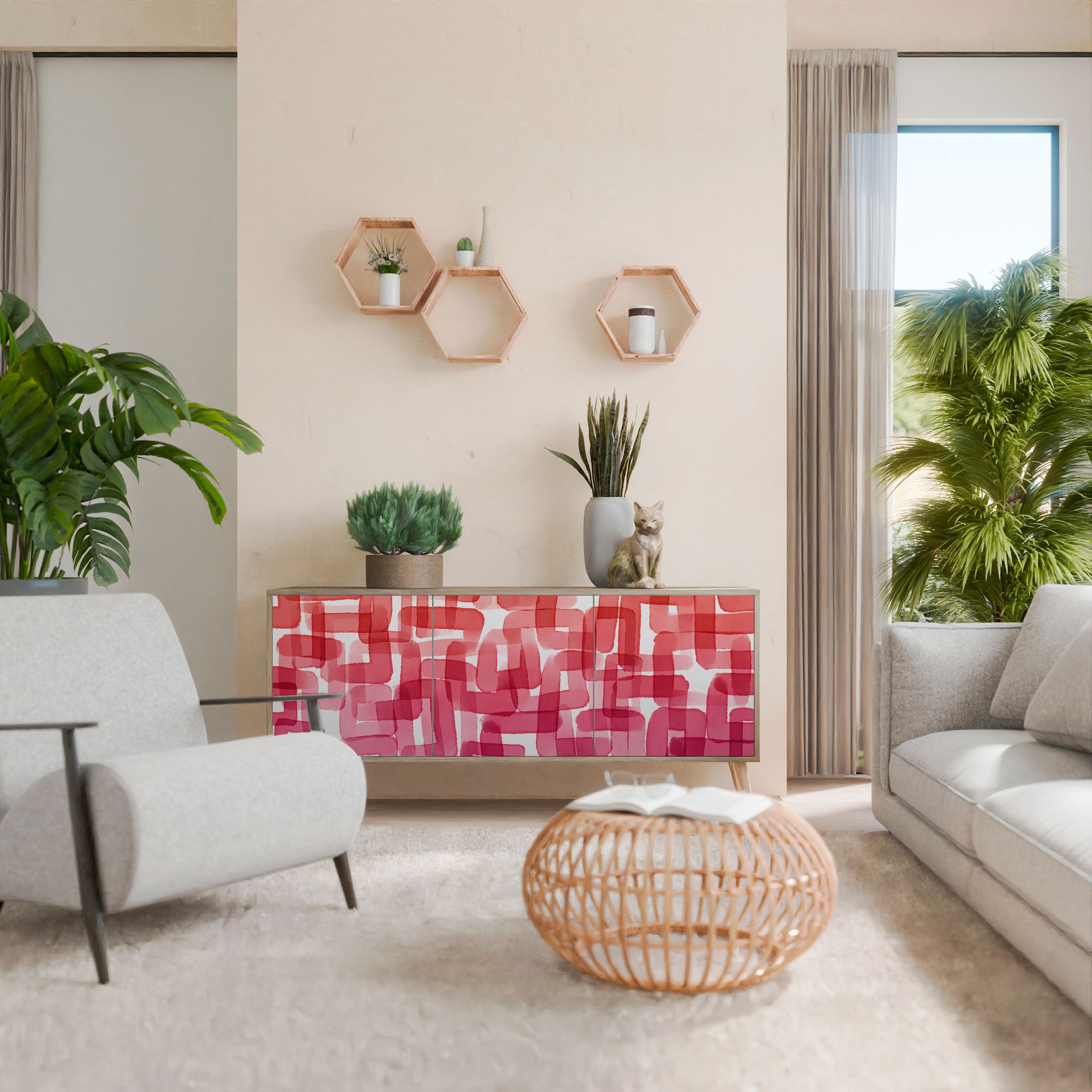 KALEIDOSKOPISCHES KUBISMUS-Sideboard mit 3 Türen in Eichenoptik
