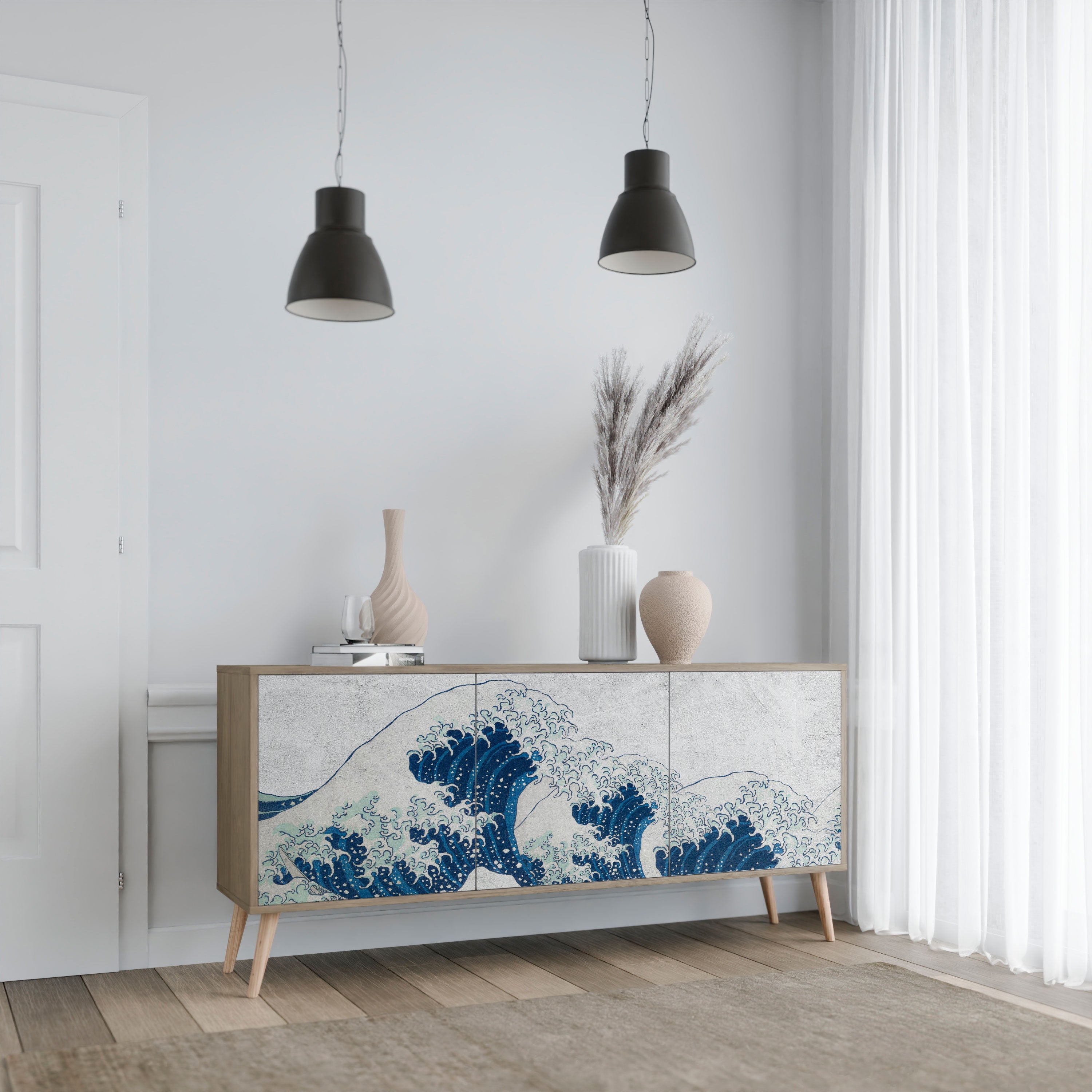 DIE GROSSE WELLE VON KANAGAWA 3-türiges Sideboard in Eichenoptik