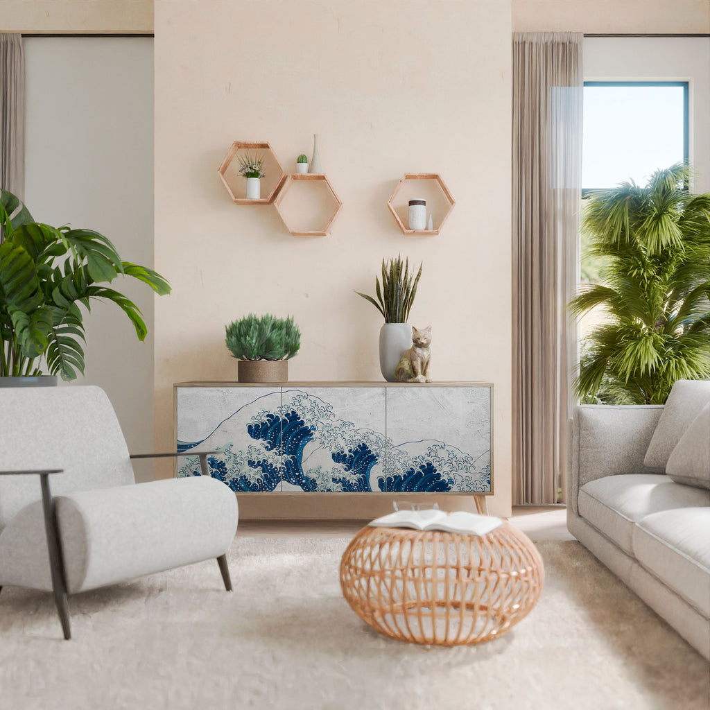 DIE GROSSE WELLE VON KANAGAWA 3-türiges Sideboard in Eichenoptik