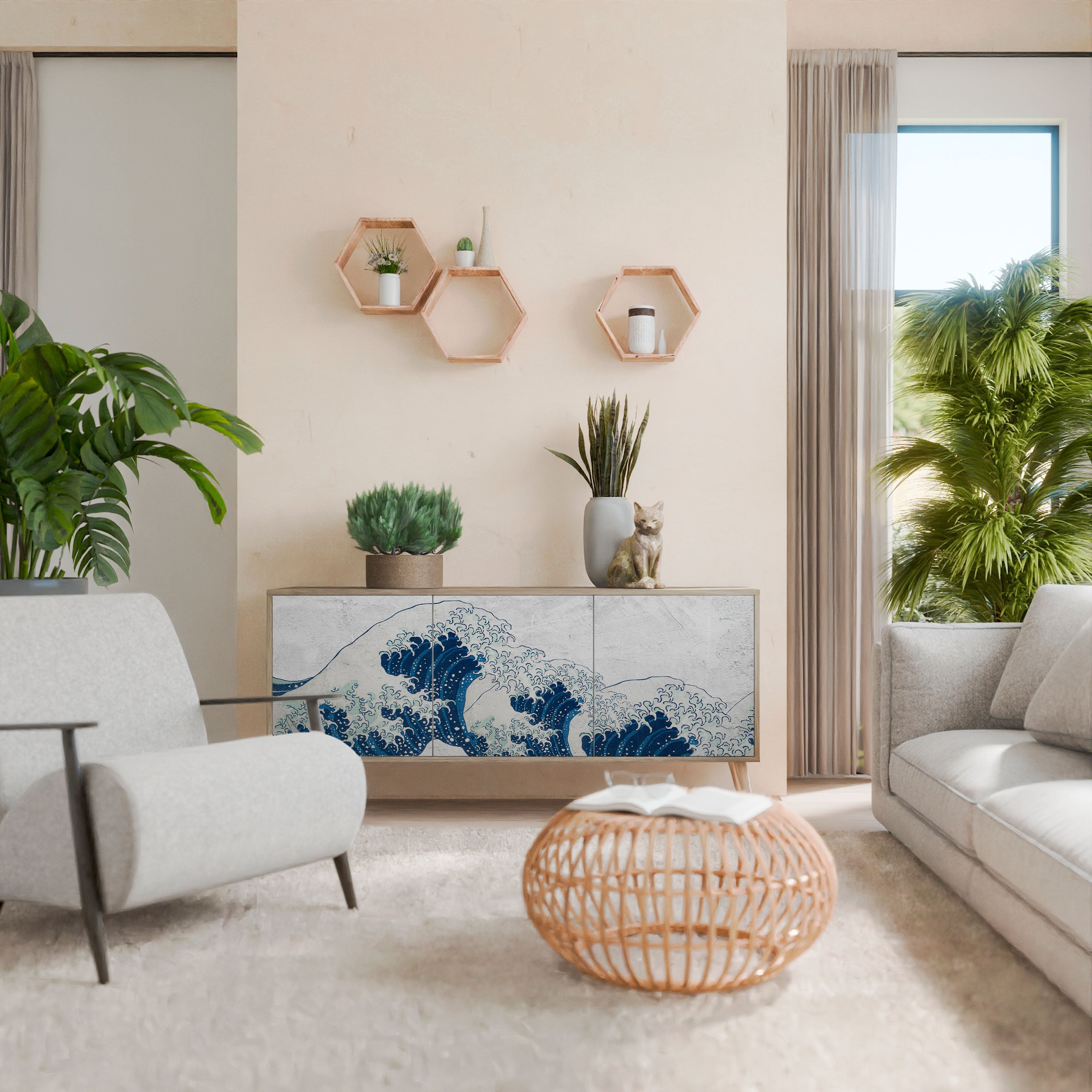 DIE GROSSE WELLE VON KANAGAWA 3-türiges Sideboard in Eichenoptik