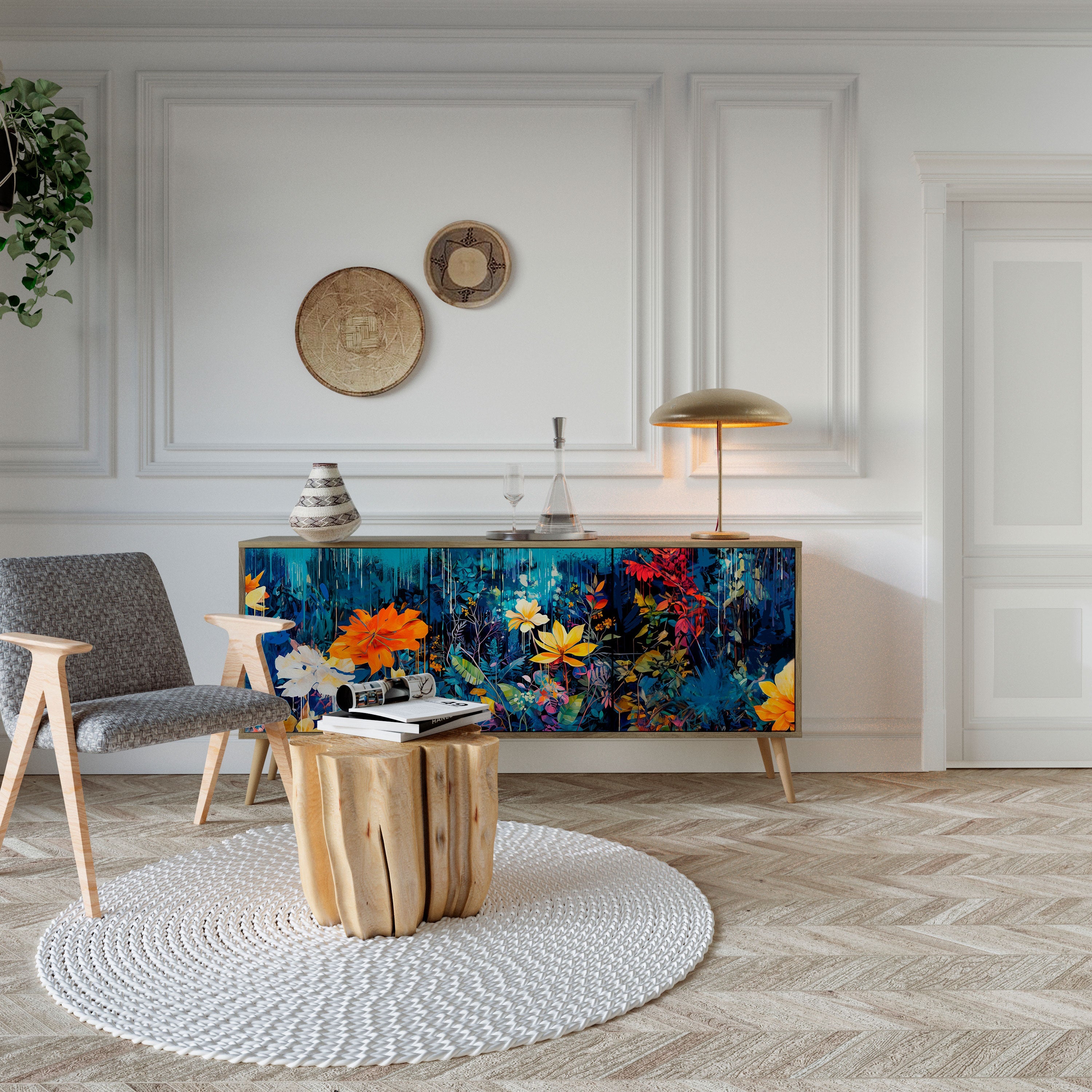 MIDNIGHT BLOSSOM 3-türiges Sideboard in Eichenoptik