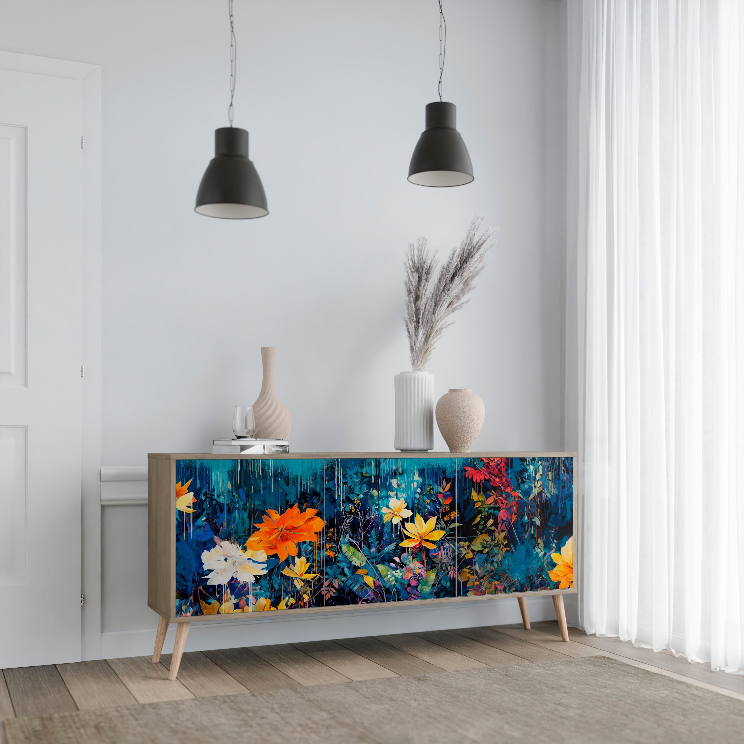 MIDNIGHT BLOSSOM 3-türiges Sideboard in Eichenoptik