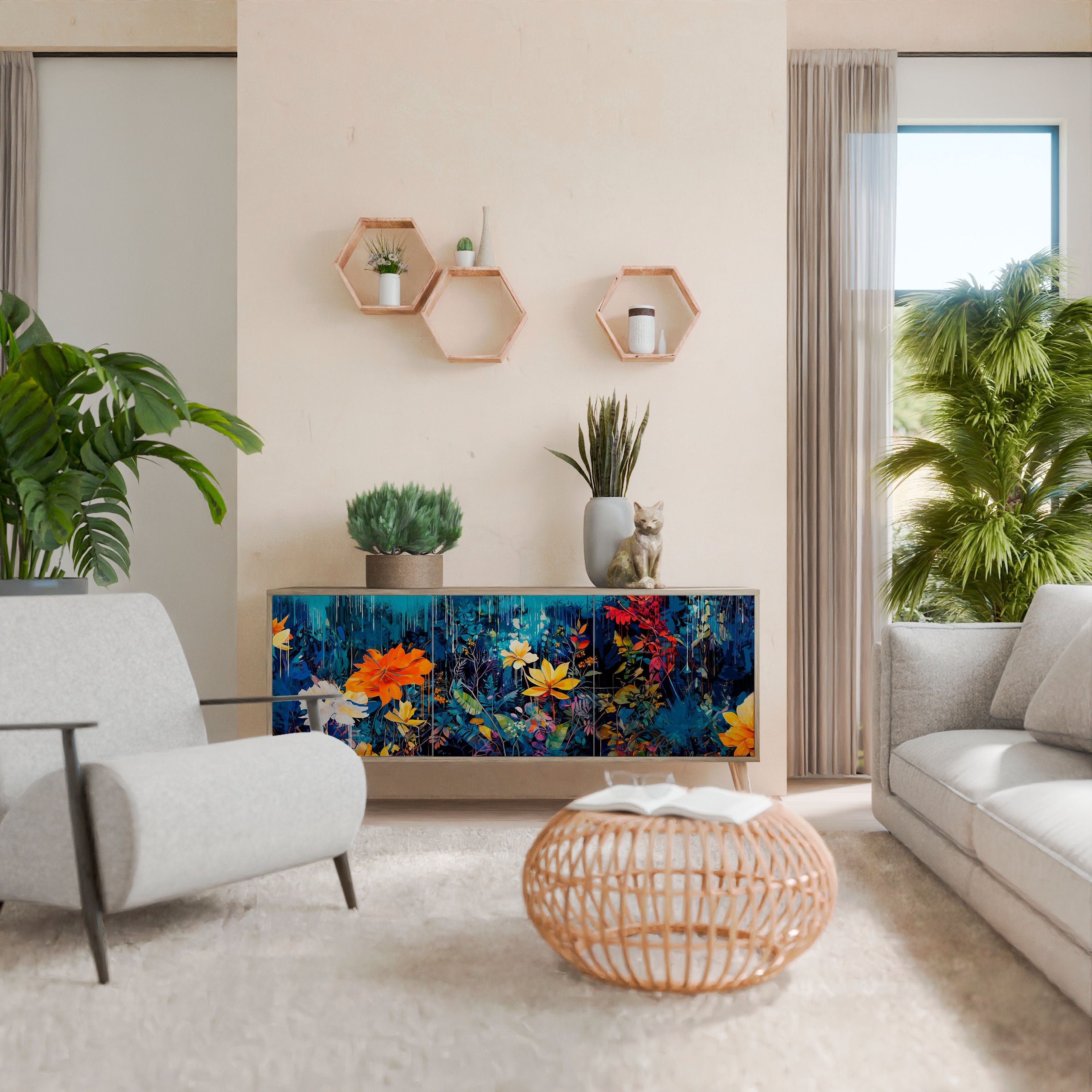 MIDNIGHT BLOSSOM 3-türiges Sideboard in Eichenoptik