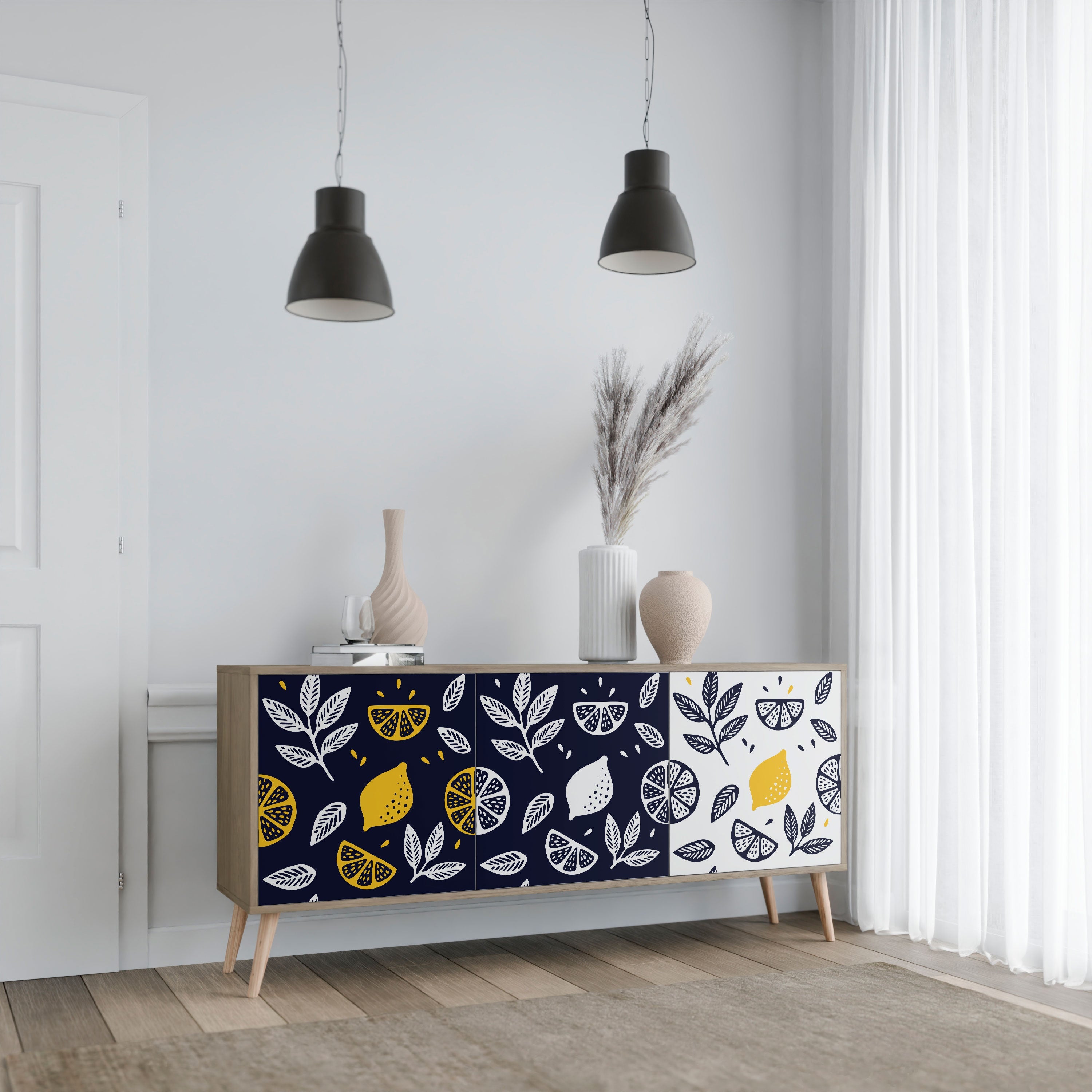 CITRUS SCHWARZ-WEISS 3-türiges Sideboard in Eichenoptik
