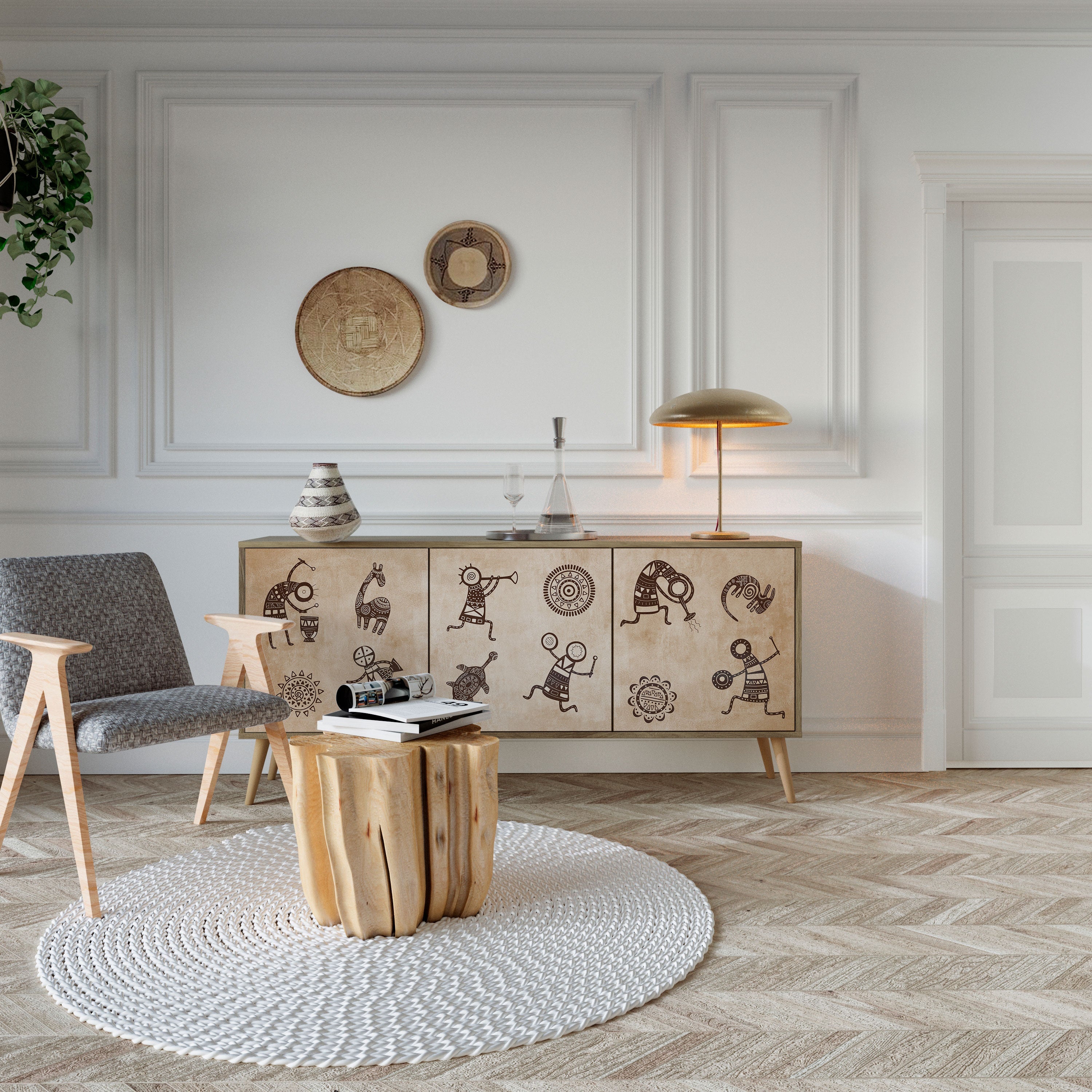 Sideboard im afrikanischen Stil mit 3 Türen in Eichenoptik