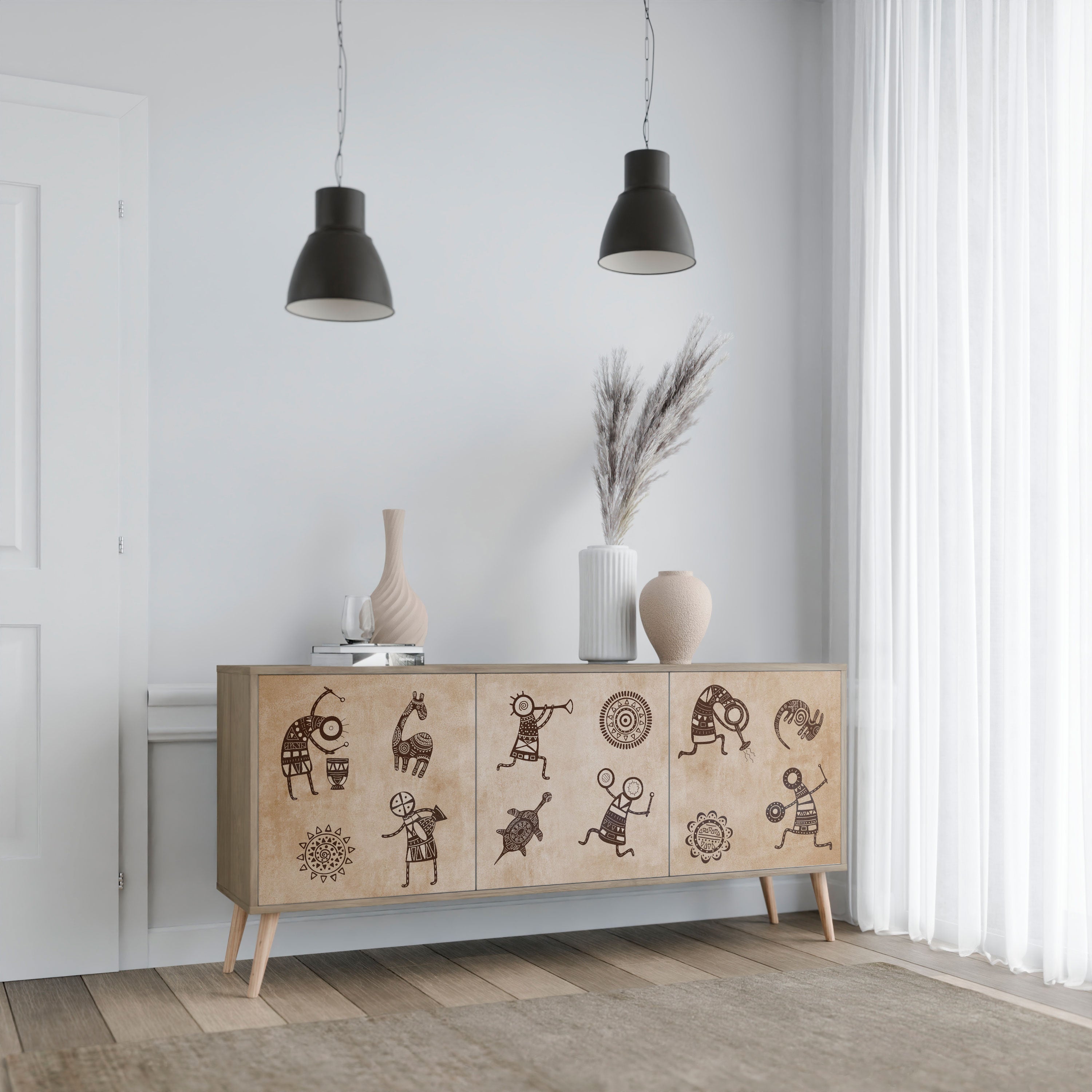 Sideboard im afrikanischen Stil mit 3 Türen in Eichenoptik