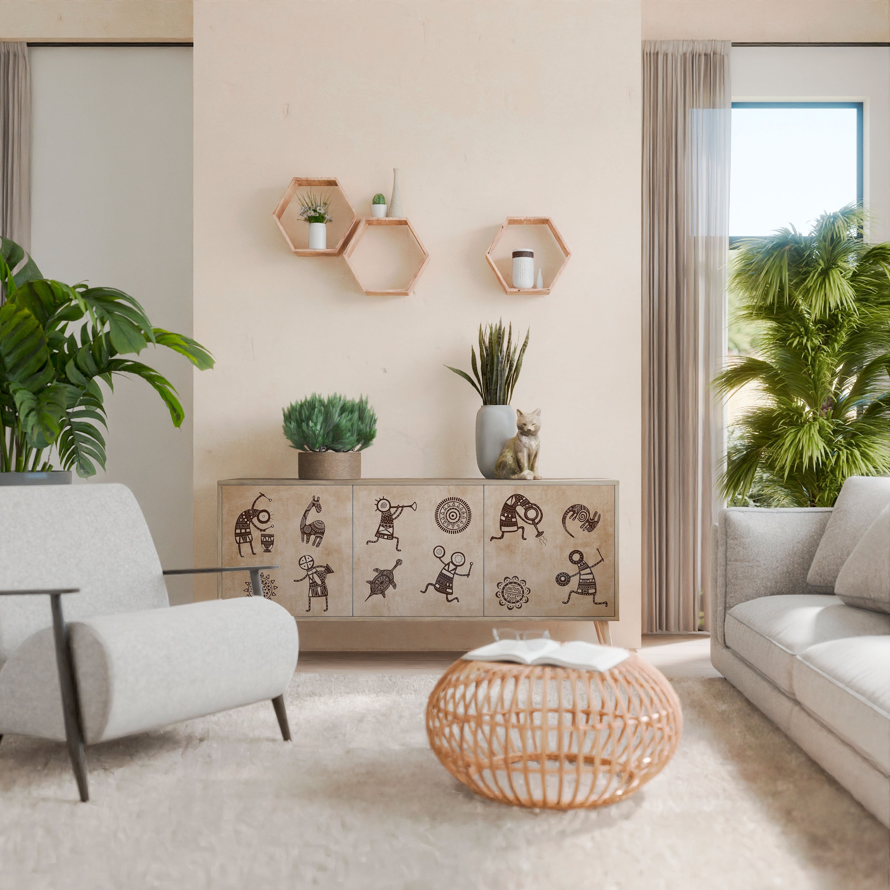 Sideboard im afrikanischen Stil mit 3 Türen in Eichenoptik