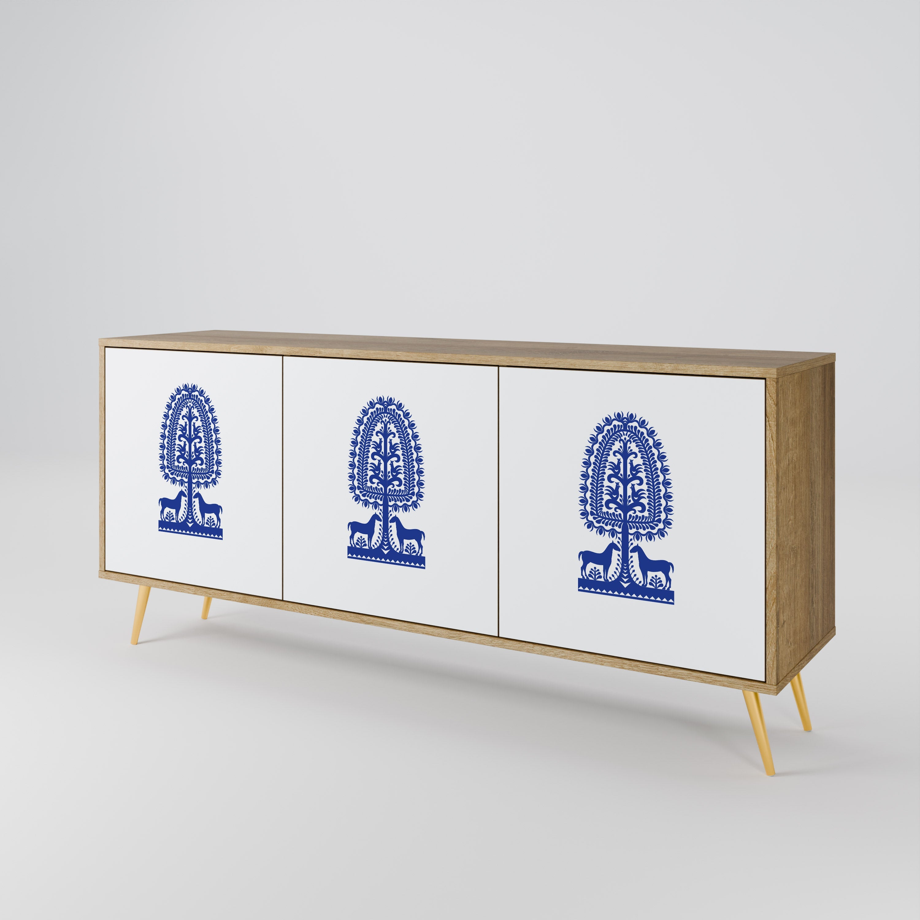 POLISH FOLK ART Sideboard mit 3 Türen in Eichenoptik