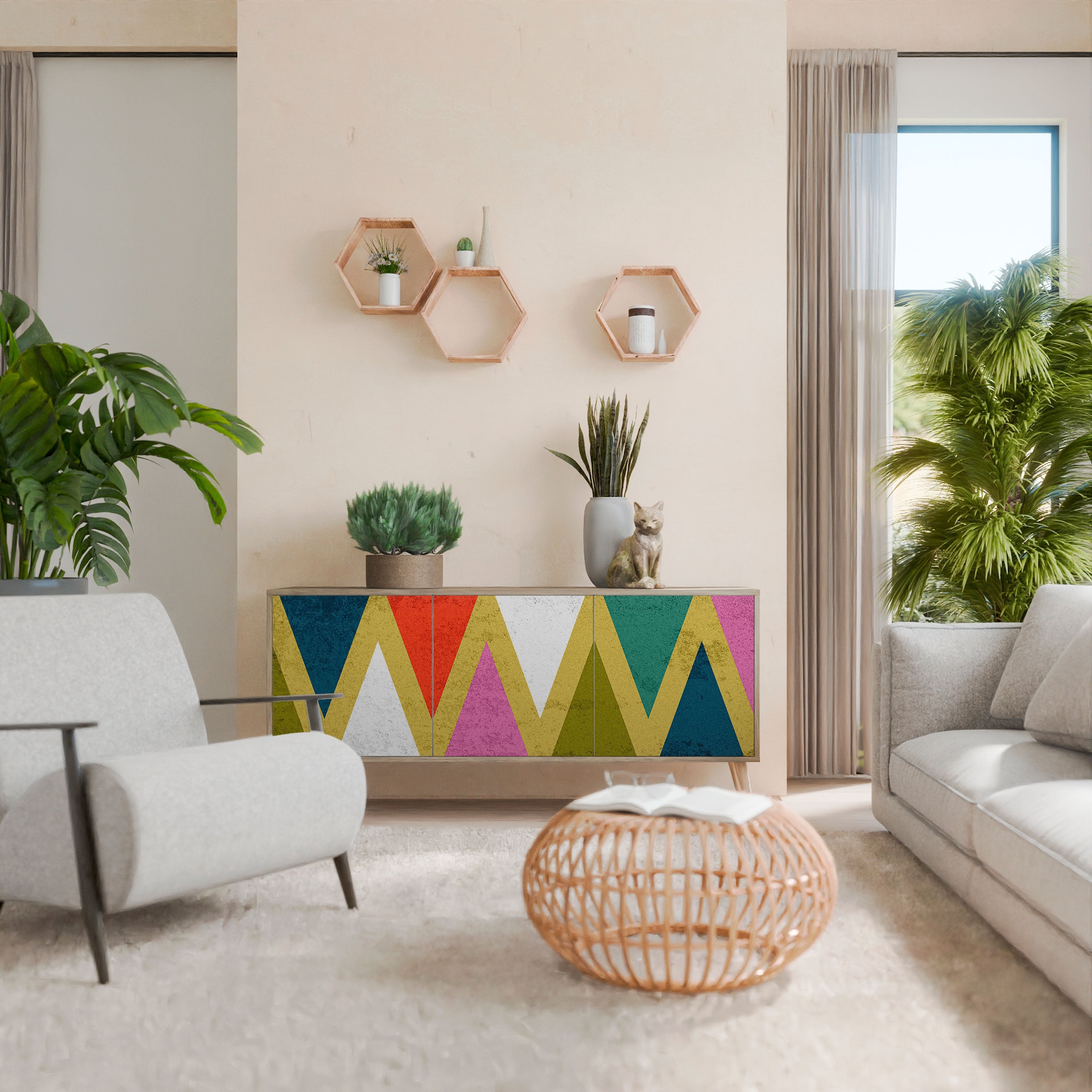 COLORFUL TRIANGLES 3-türiges Sideboard in Eichenoptik
