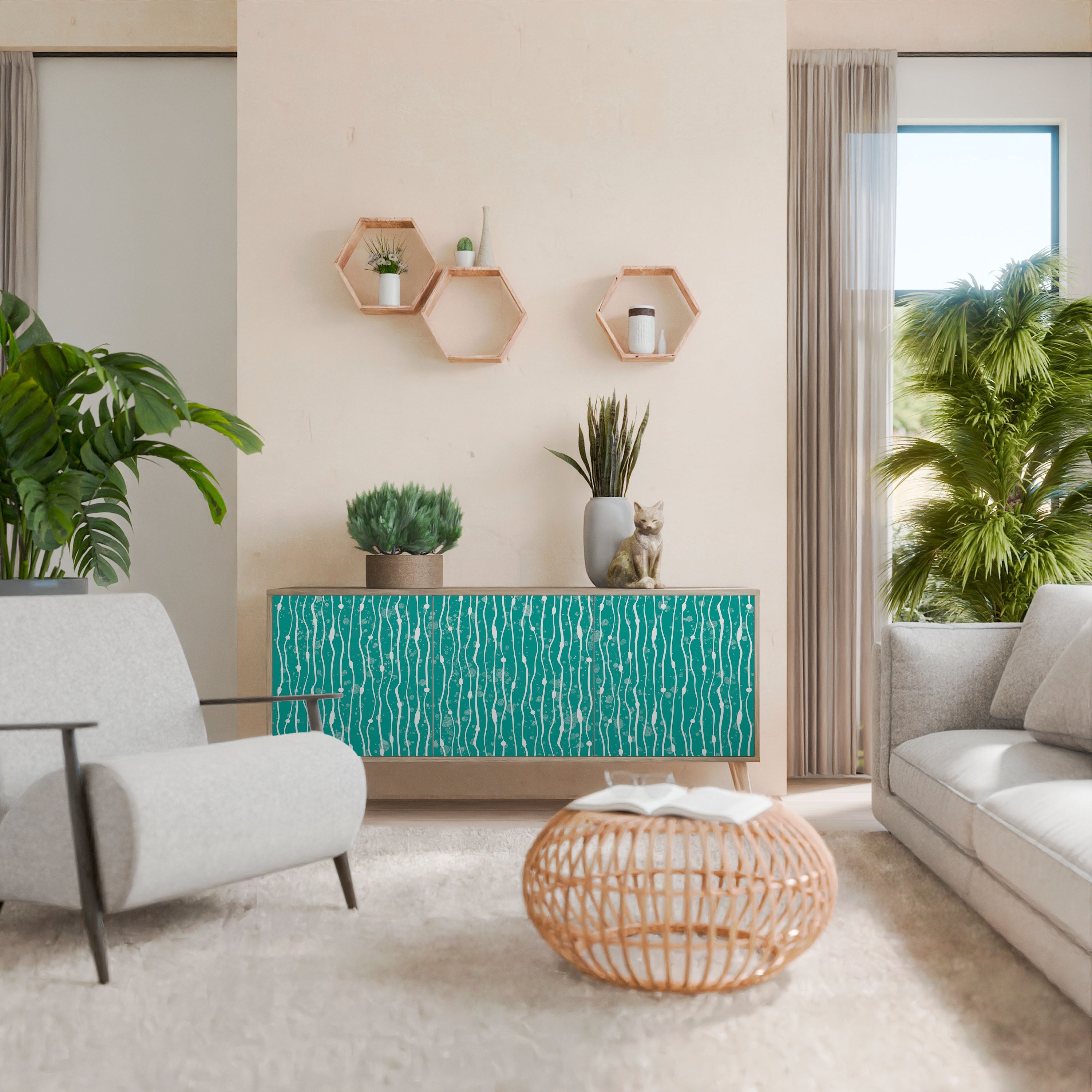 TURQUOISE RAIN 3-Door Sideboard in Oak Effect