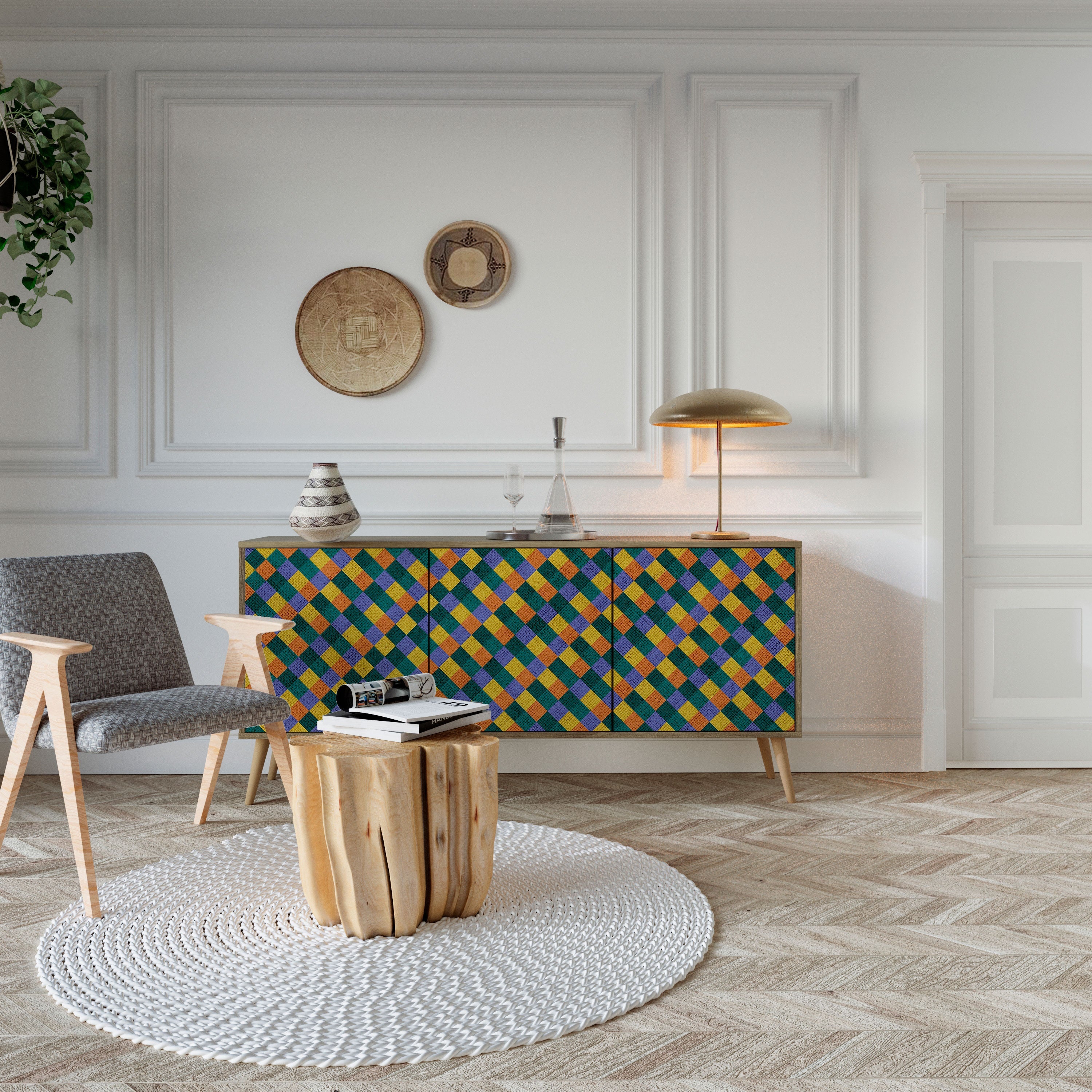 PAINTED SQUARES MIX 3-türiges Sideboard in Eichenoptik