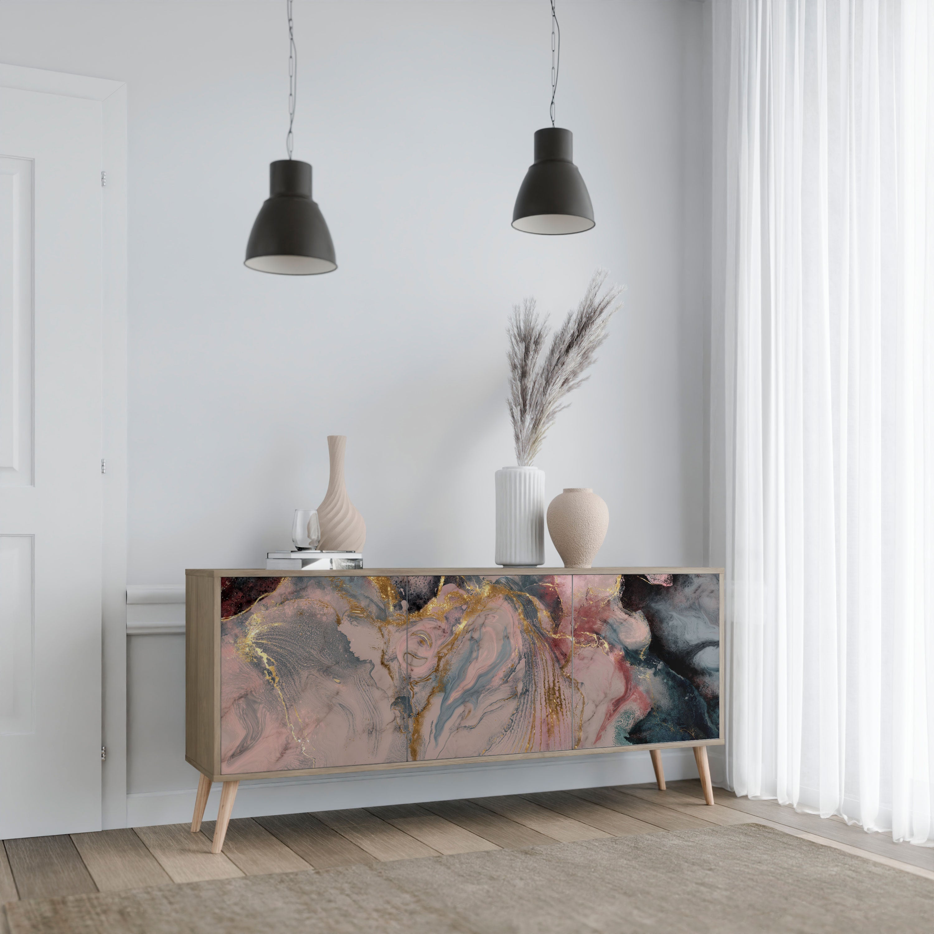 GILDED SWIRLS 3-Door Sideboard in Oak Effect