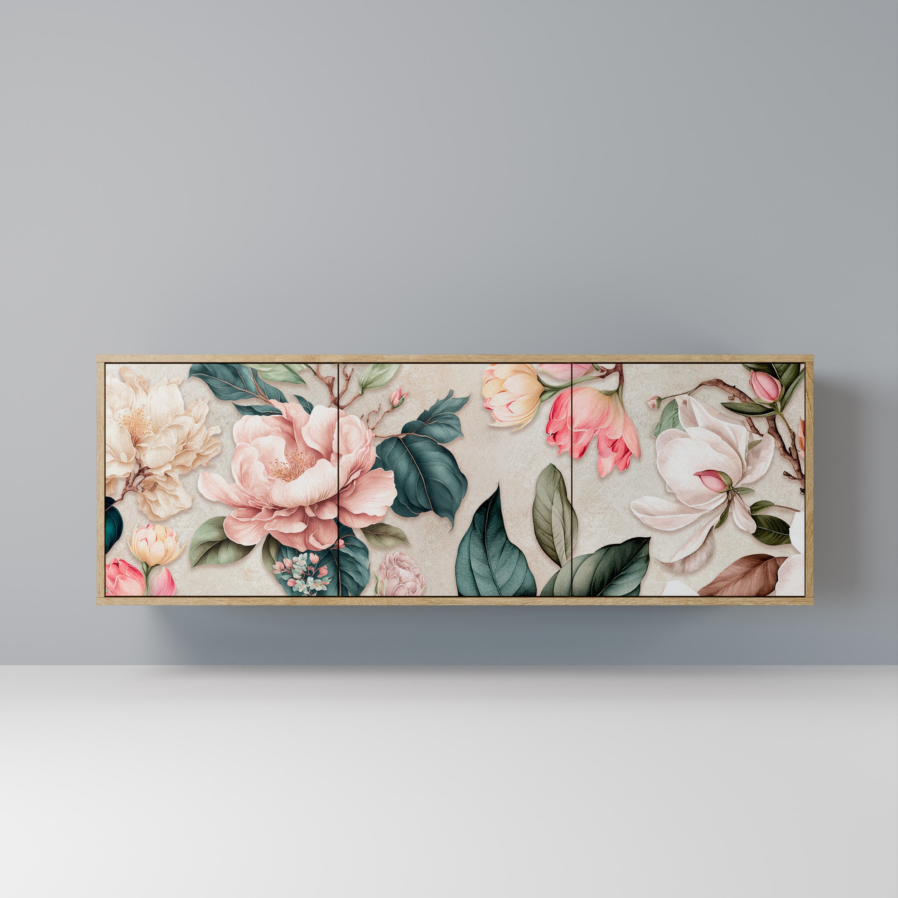 FLORAL GRACE Sideboard mit 3 Türen in Eiche-Optik
