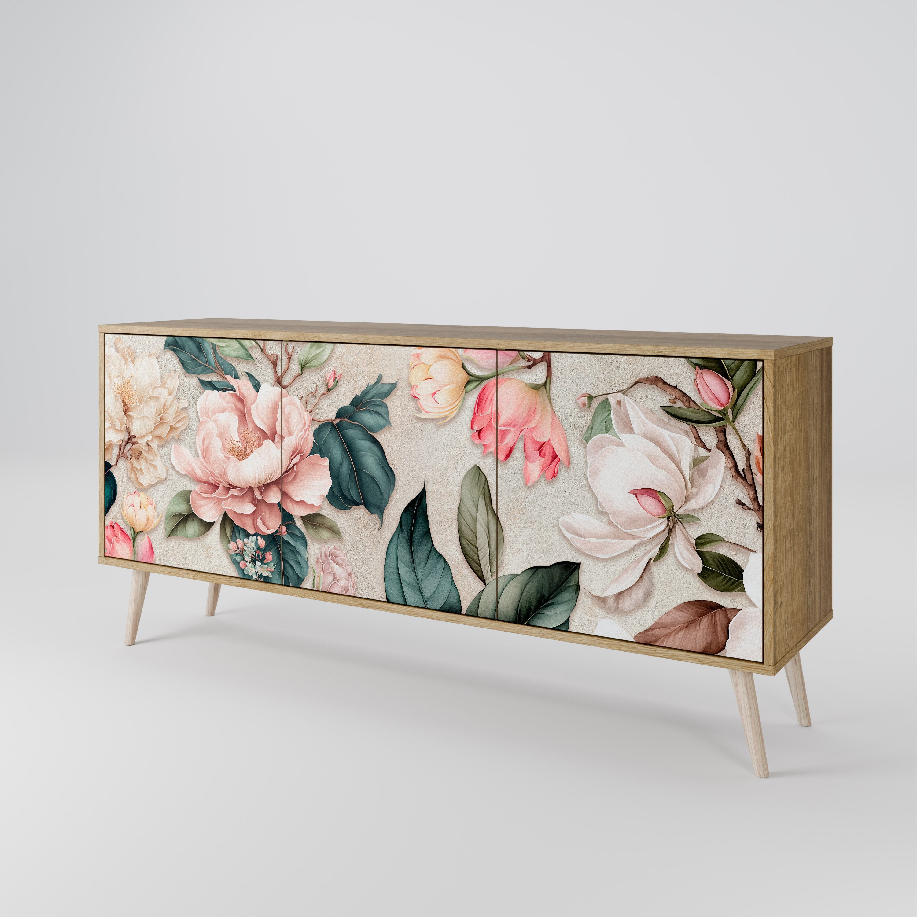 FLORAL GRACE Sideboard mit 3 Türen in Eiche-Optik