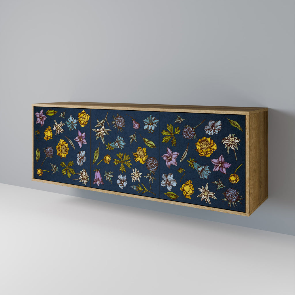 FLOWERS ON NAVY BLUE Sideboard mit 3 Türen in Eiche-Optik
