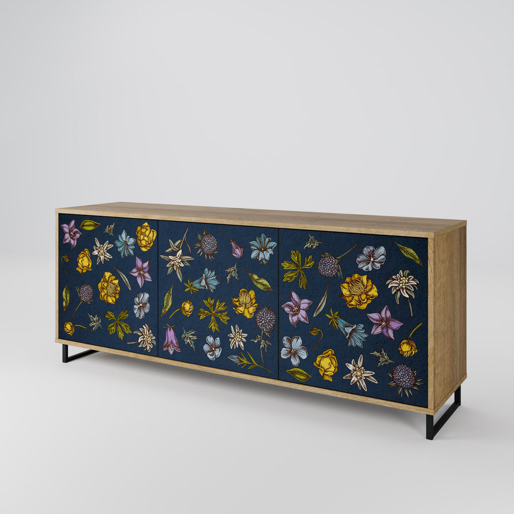 FLOWERS ON NAVY BLUE Sideboard mit 3 Türen in Eiche-Optik