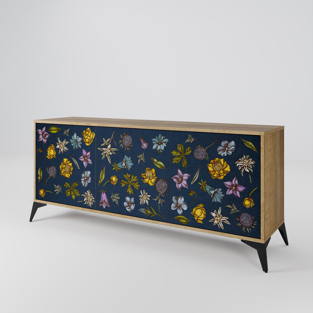 FLOWERS ON NAVY BLUE Sideboard mit 3 Türen in Eiche-Optik
