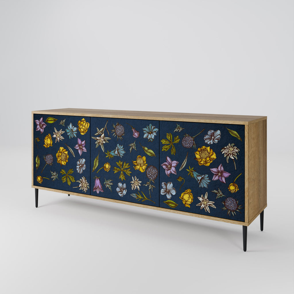 FLOWERS ON NAVY BLUE Sideboard mit 3 Türen in Eiche-Optik