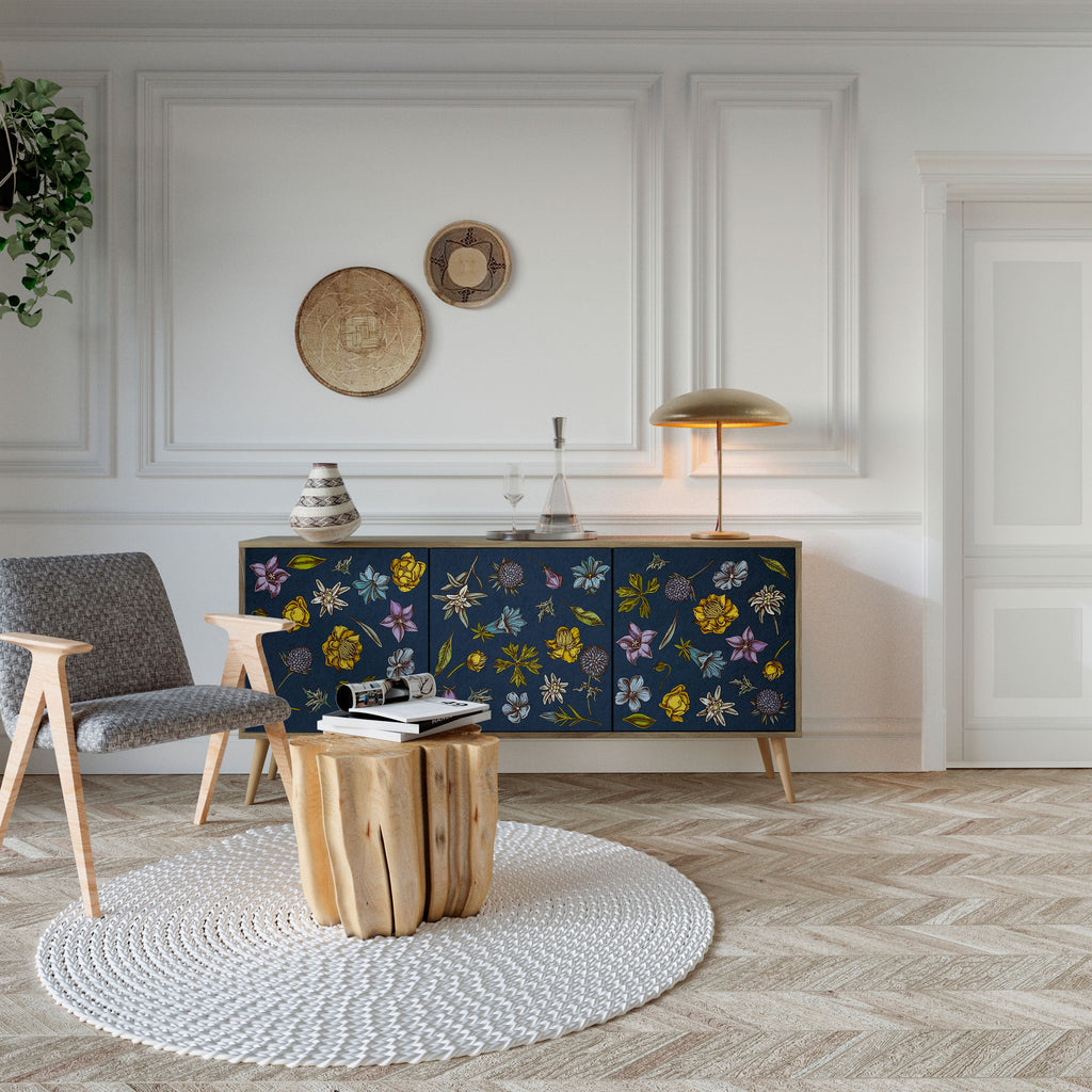 FLOWERS ON NAVY BLUE Sideboard mit 3 Türen in Eiche-Optik