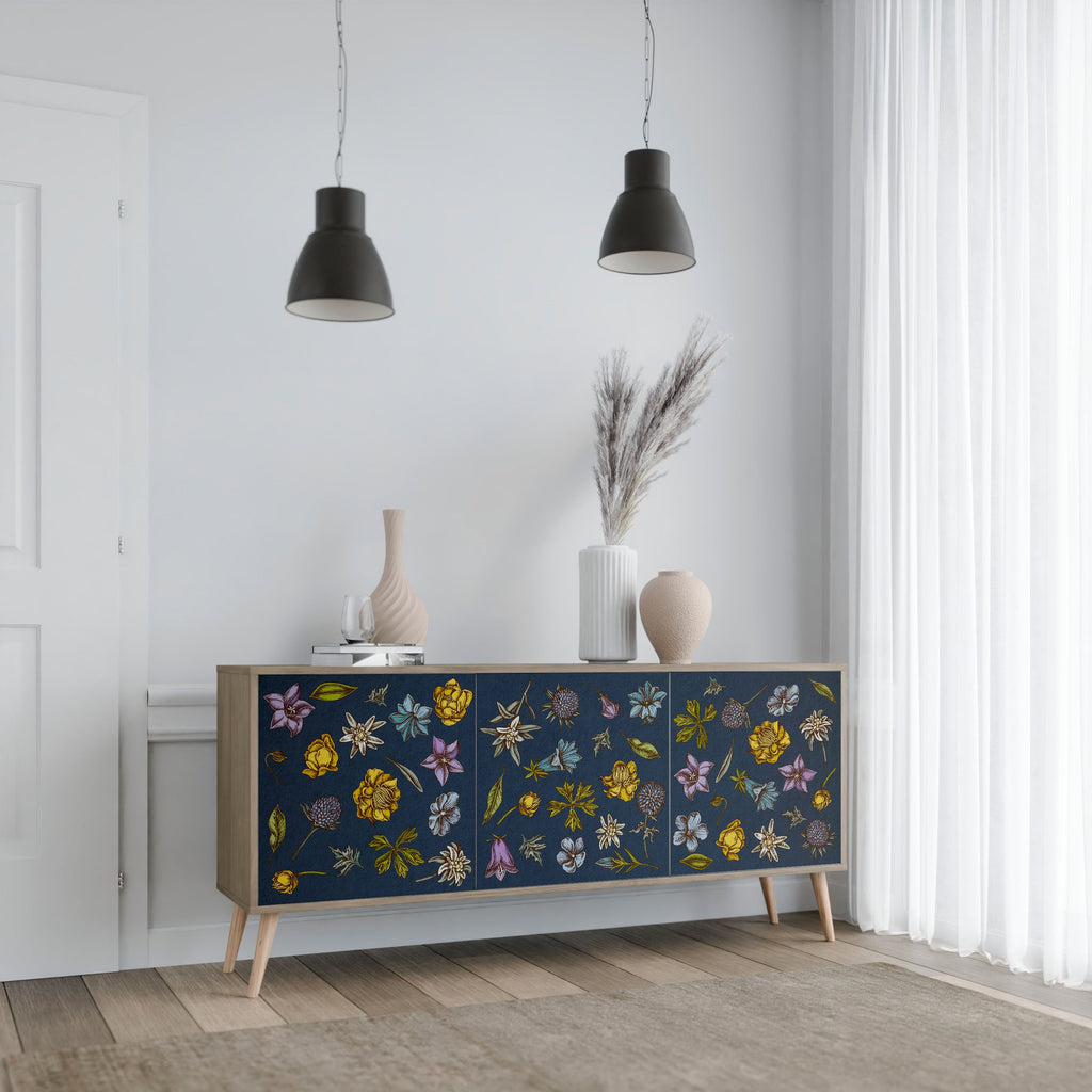 FLOWERS ON NAVY BLUE Sideboard mit 3 Türen in Eiche-Optik
