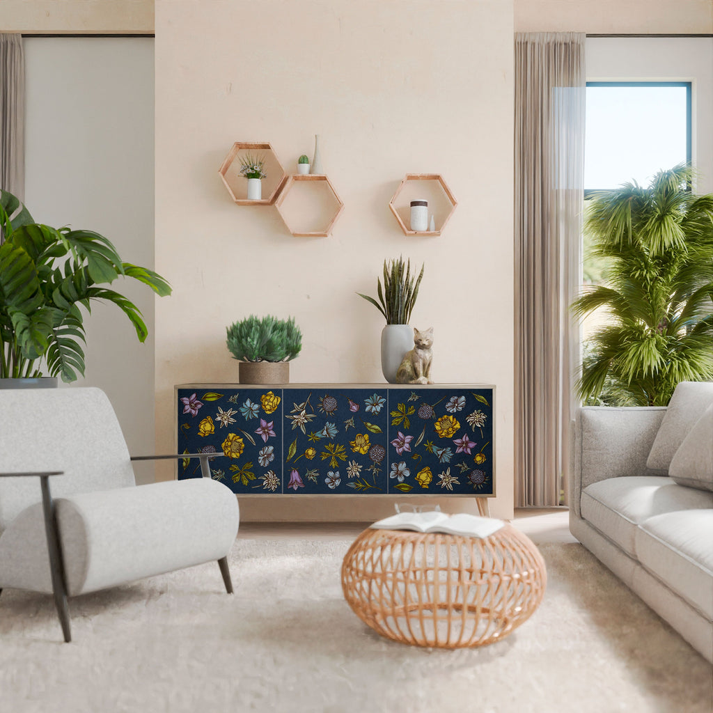 FLOWERS ON NAVY BLUE Sideboard mit 3 Türen in Eiche-Optik