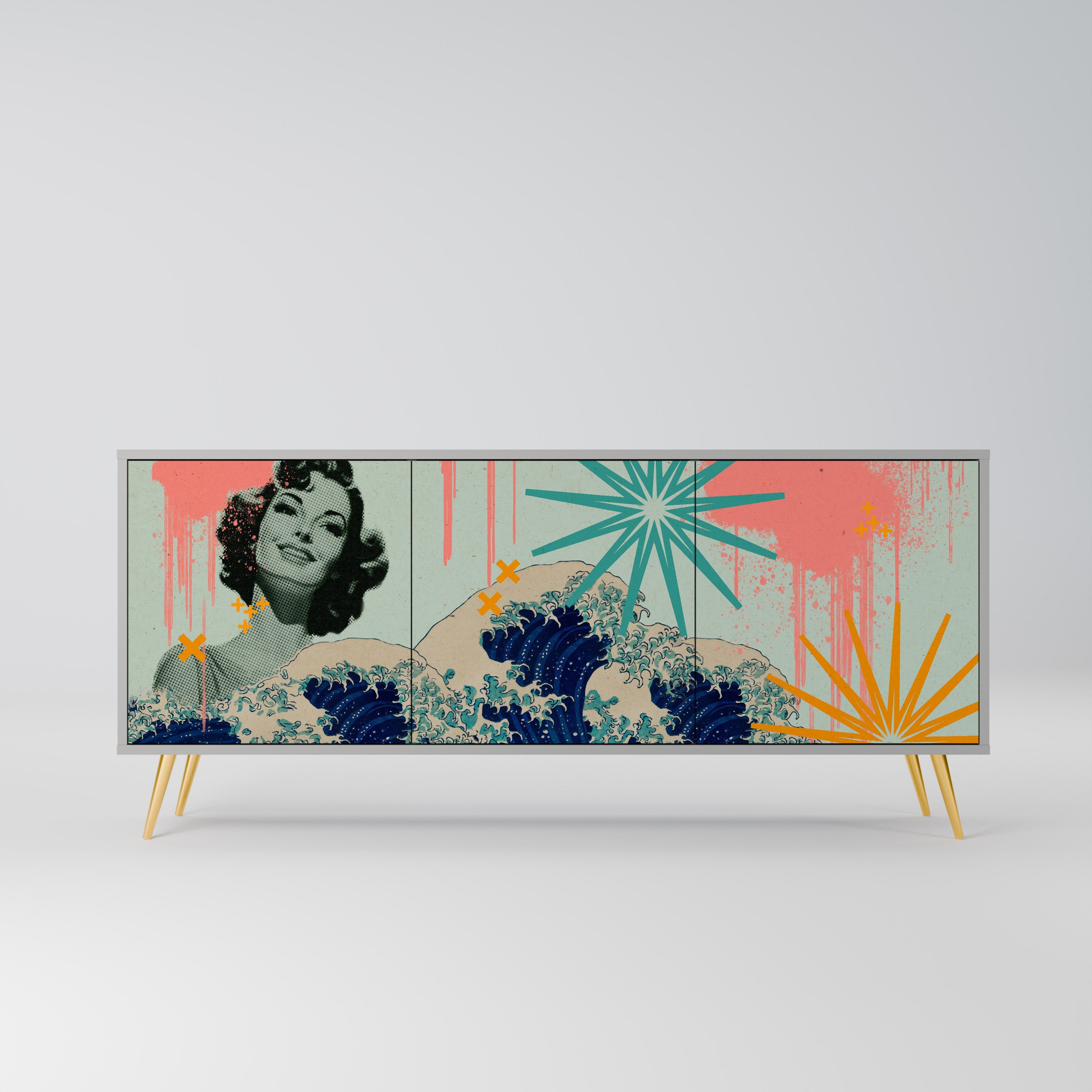 KANAGAWA BEAUTY Sideboard mit 3 Türen in Grau