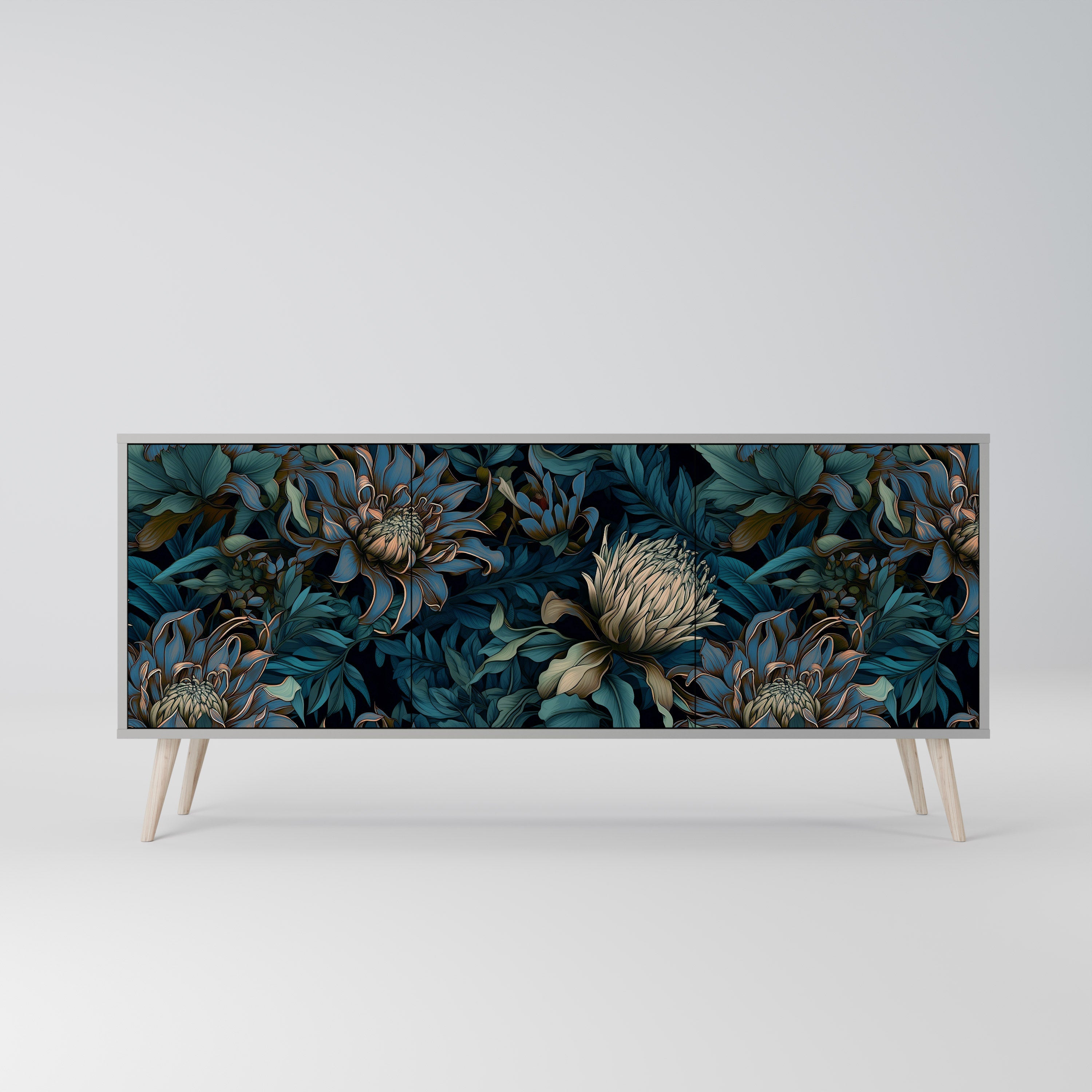 TWILIGHT BLOOM 3-Door Sideboard in Grey Finish