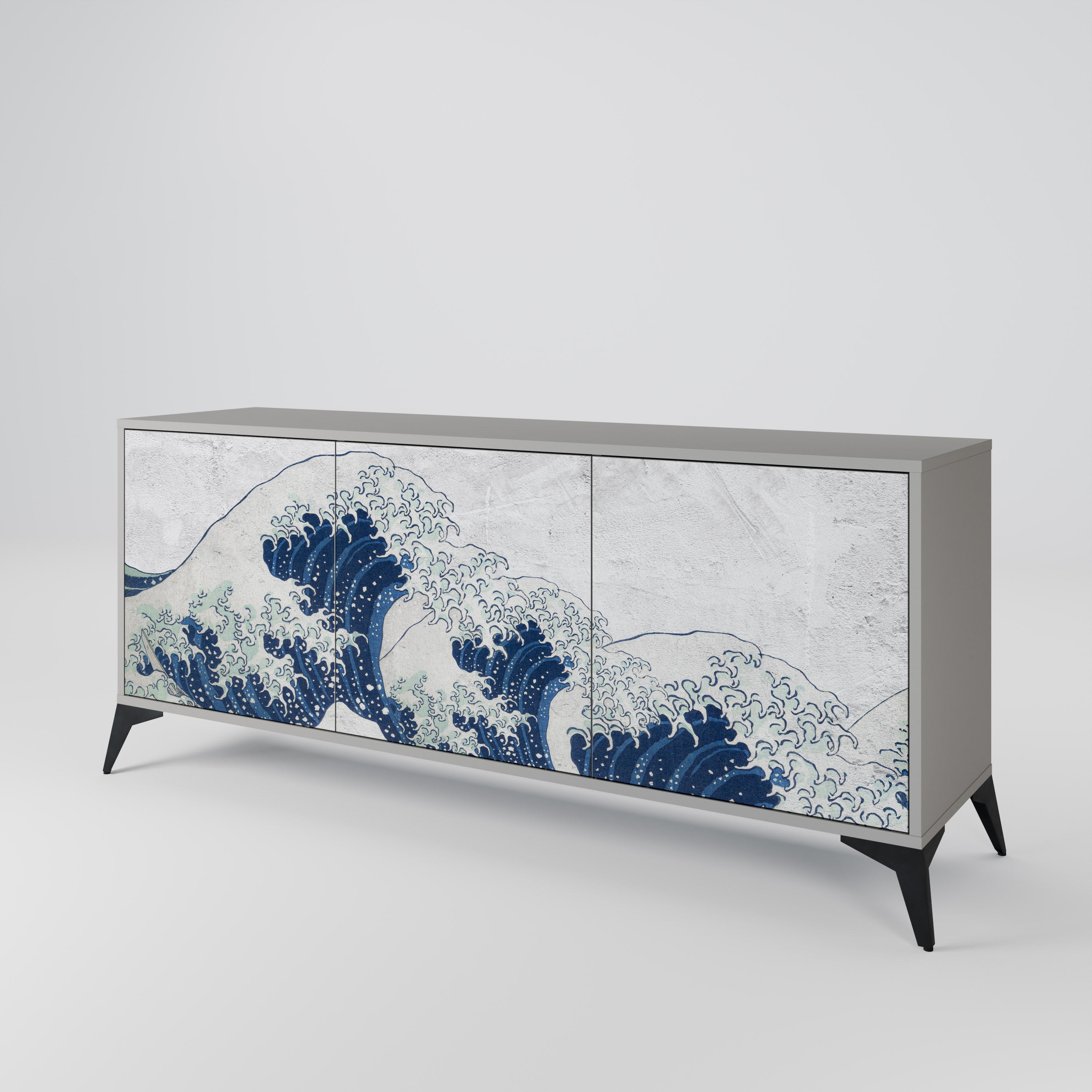 DIE GROSSE WELLE VON KANAGAWA 3-türiges Sideboard in grauer Ausführung