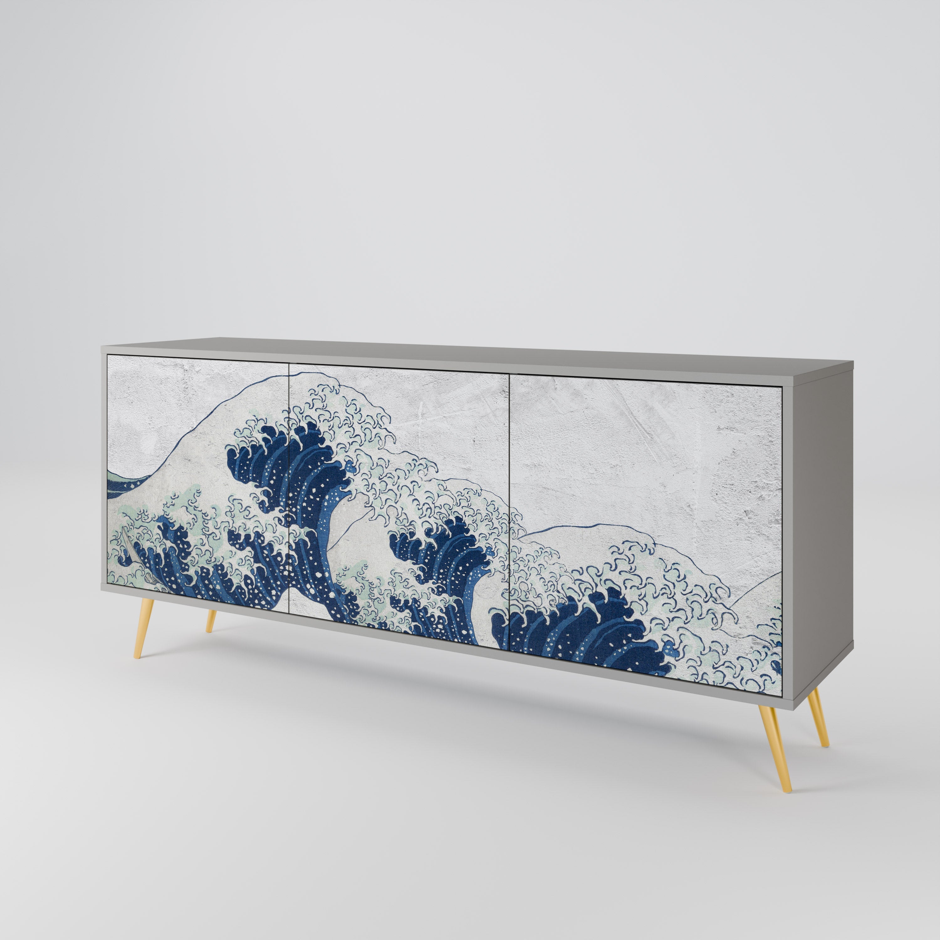 DIE GROSSE WELLE VON KANAGAWA 3-türiges Sideboard in grauer Ausführung