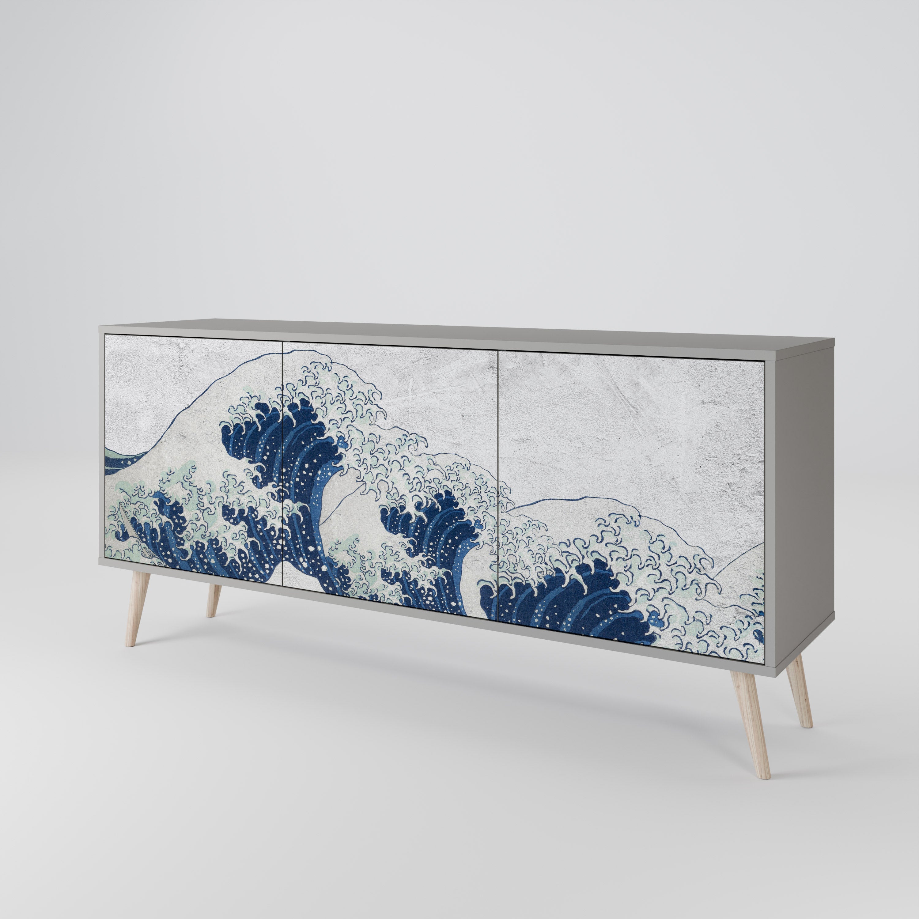 DIE GROSSE WELLE VON KANAGAWA 3-türiges Sideboard in grauer Ausführung