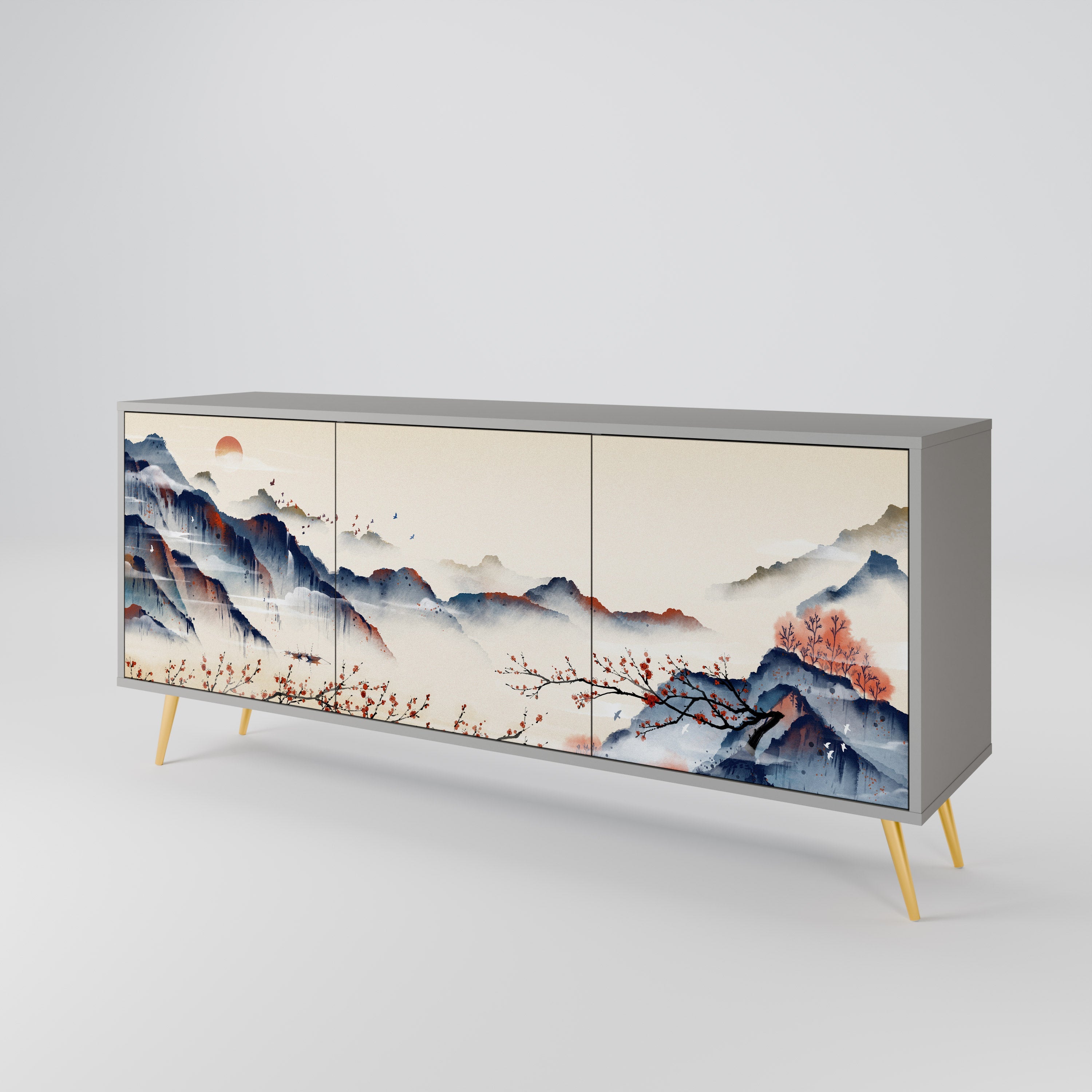 JAPANESE LANDSCAPE 3-türiges Sideboard in grauem Finish