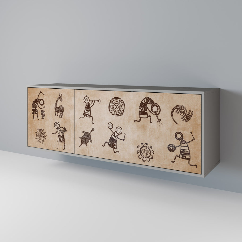 Sideboard im afrikanischen Stil mit 3 Türen in grauem Finish