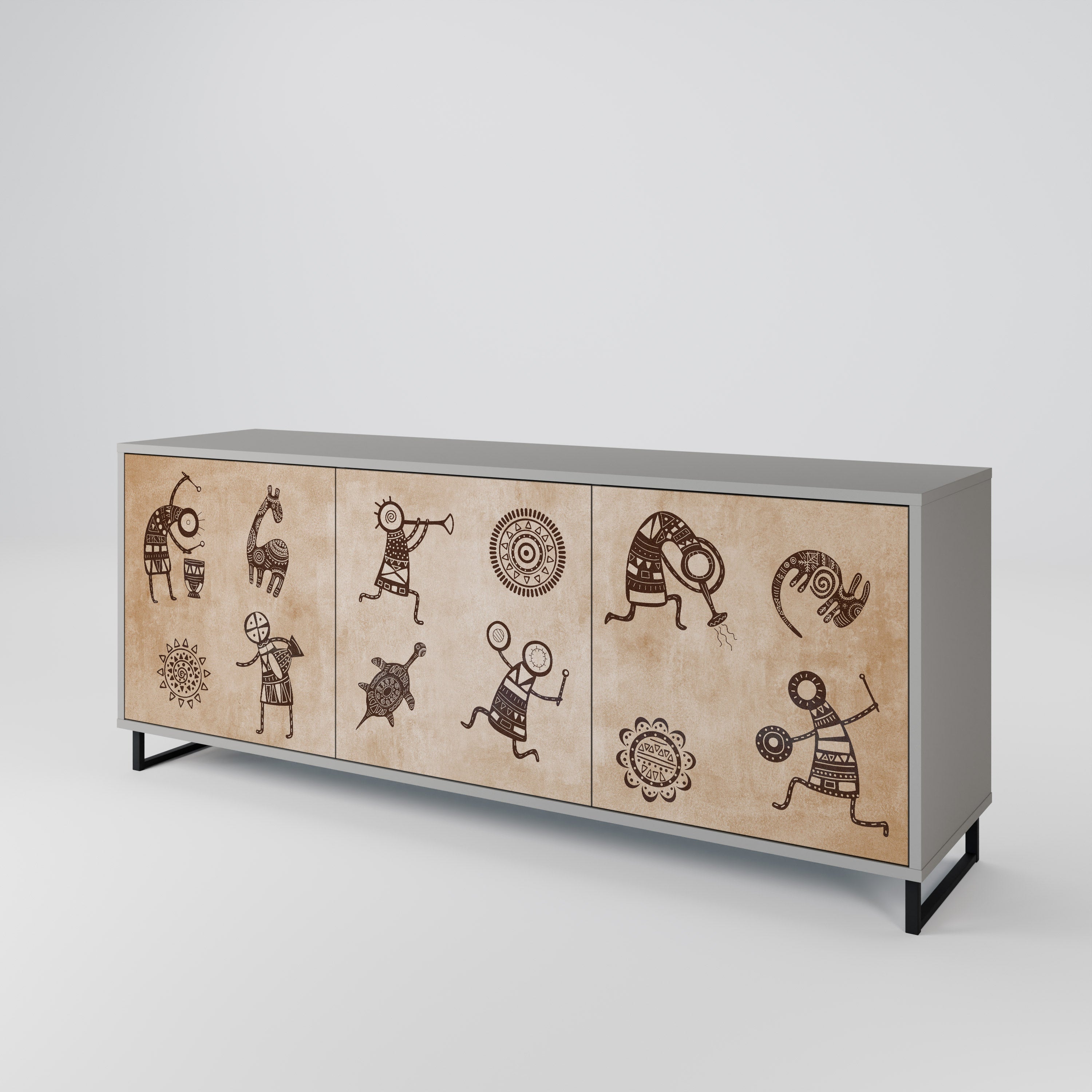 Sideboard im afrikanischen Stil mit 3 Türen in grauem Finish