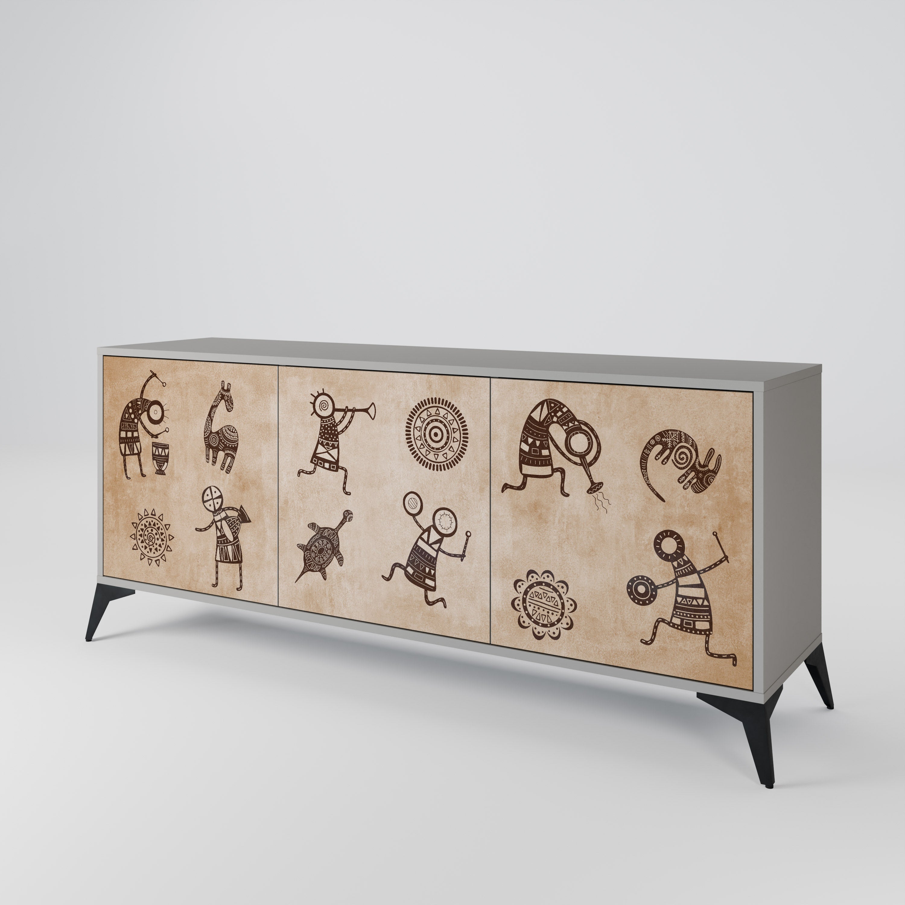 Sideboard im afrikanischen Stil mit 3 Türen in grauem Finish