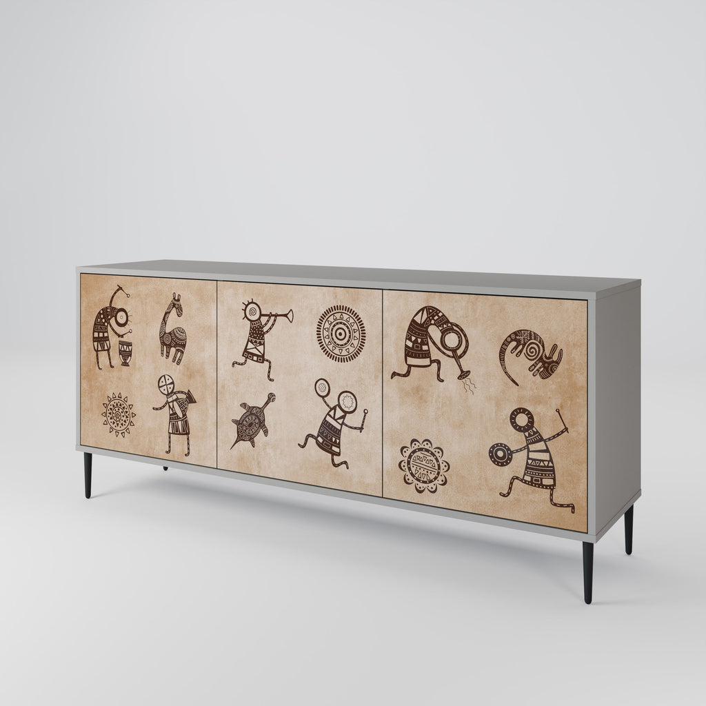 Sideboard im afrikanischen Stil mit 3 Türen in grauem Finish