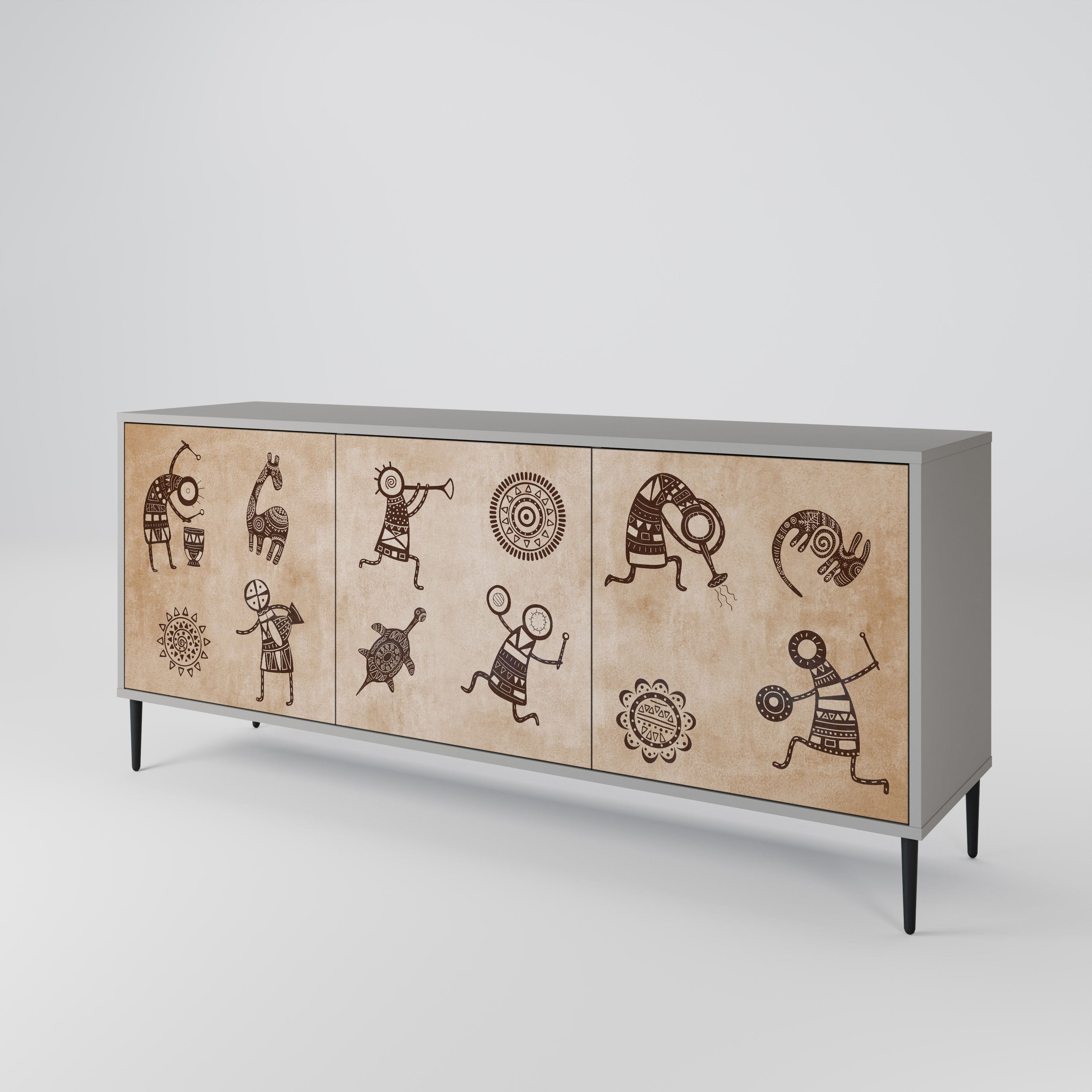 Sideboard im afrikanischen Stil mit 3 Türen in grauem Finish