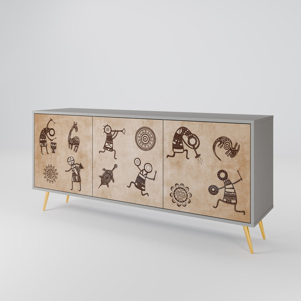 Sideboard im afrikanischen Stil mit 3 Türen in grauem Finish