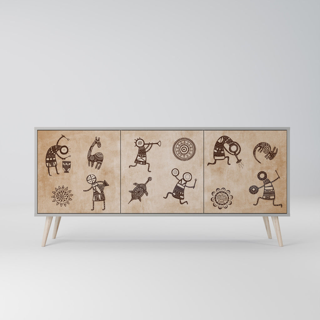 Sideboard im afrikanischen Stil mit 3 Türen in grauem Finish