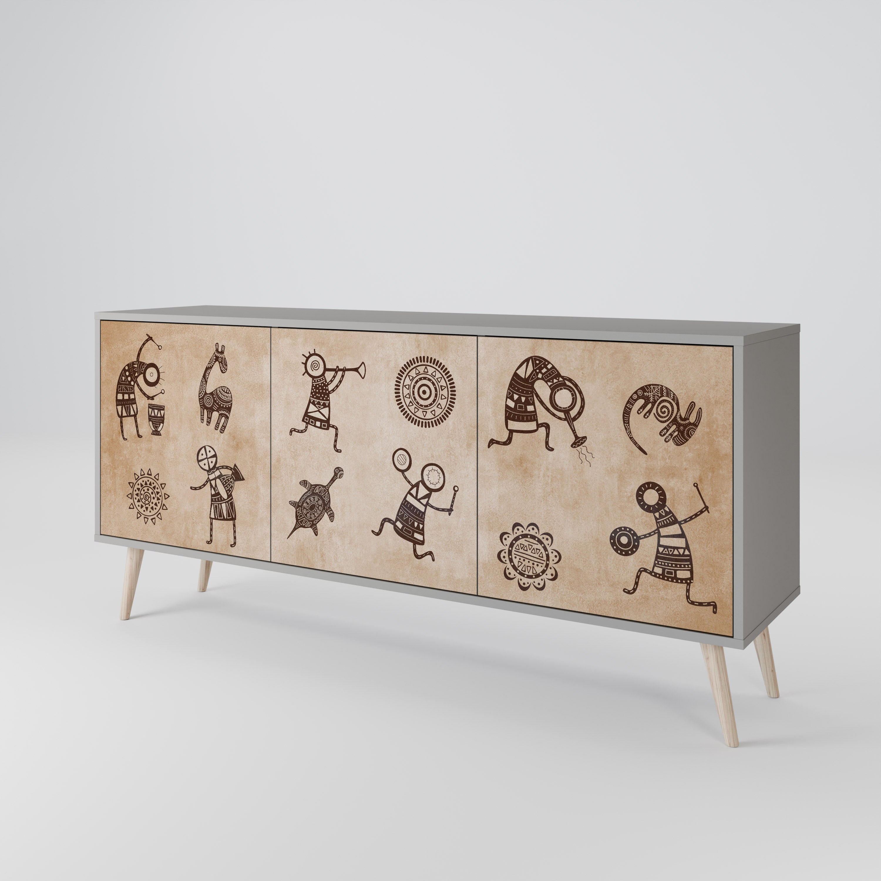 Sideboard im afrikanischen Stil mit 3 Türen in grauem Finish