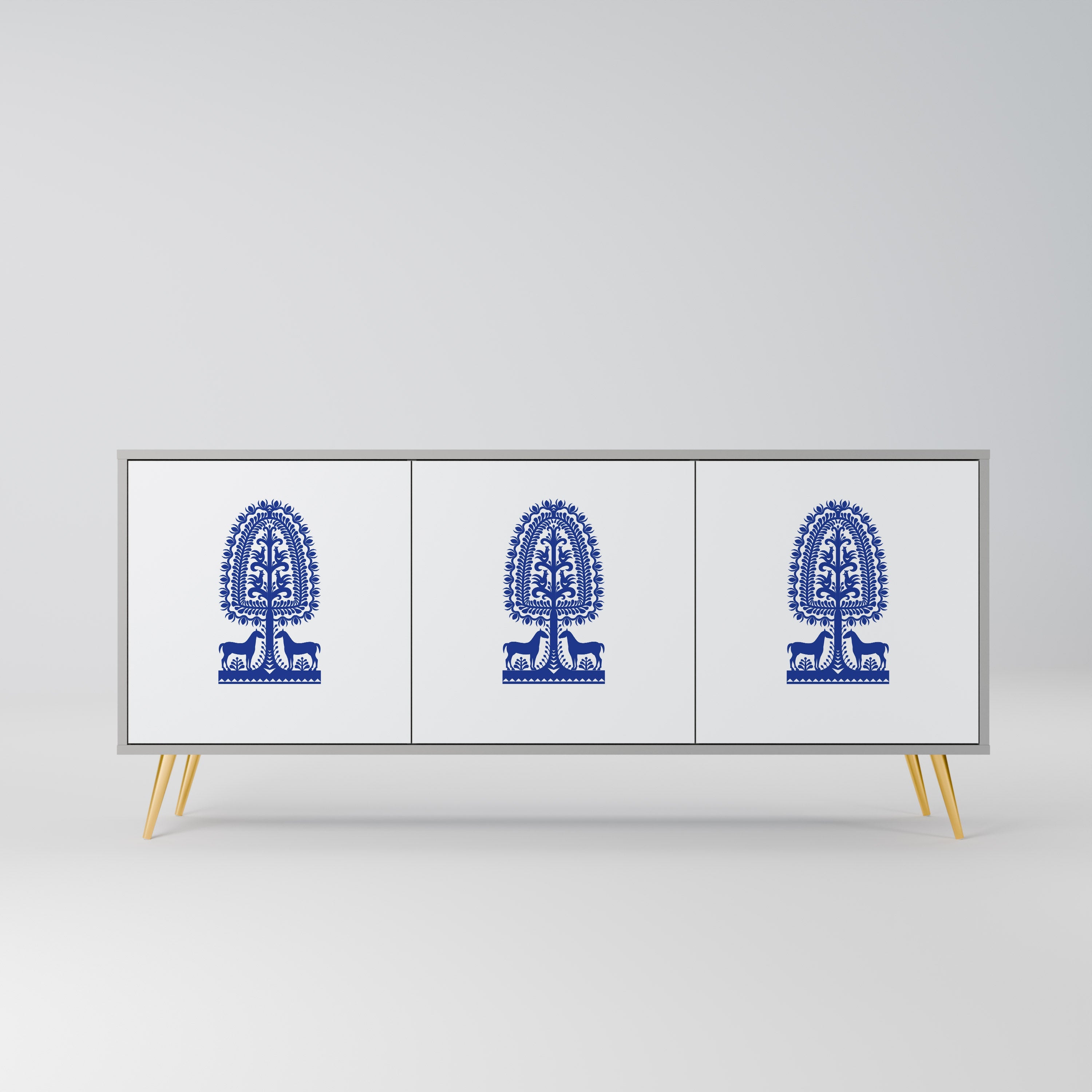 POLISH FOLK ART 3-Door Sideboard in Grey Finish