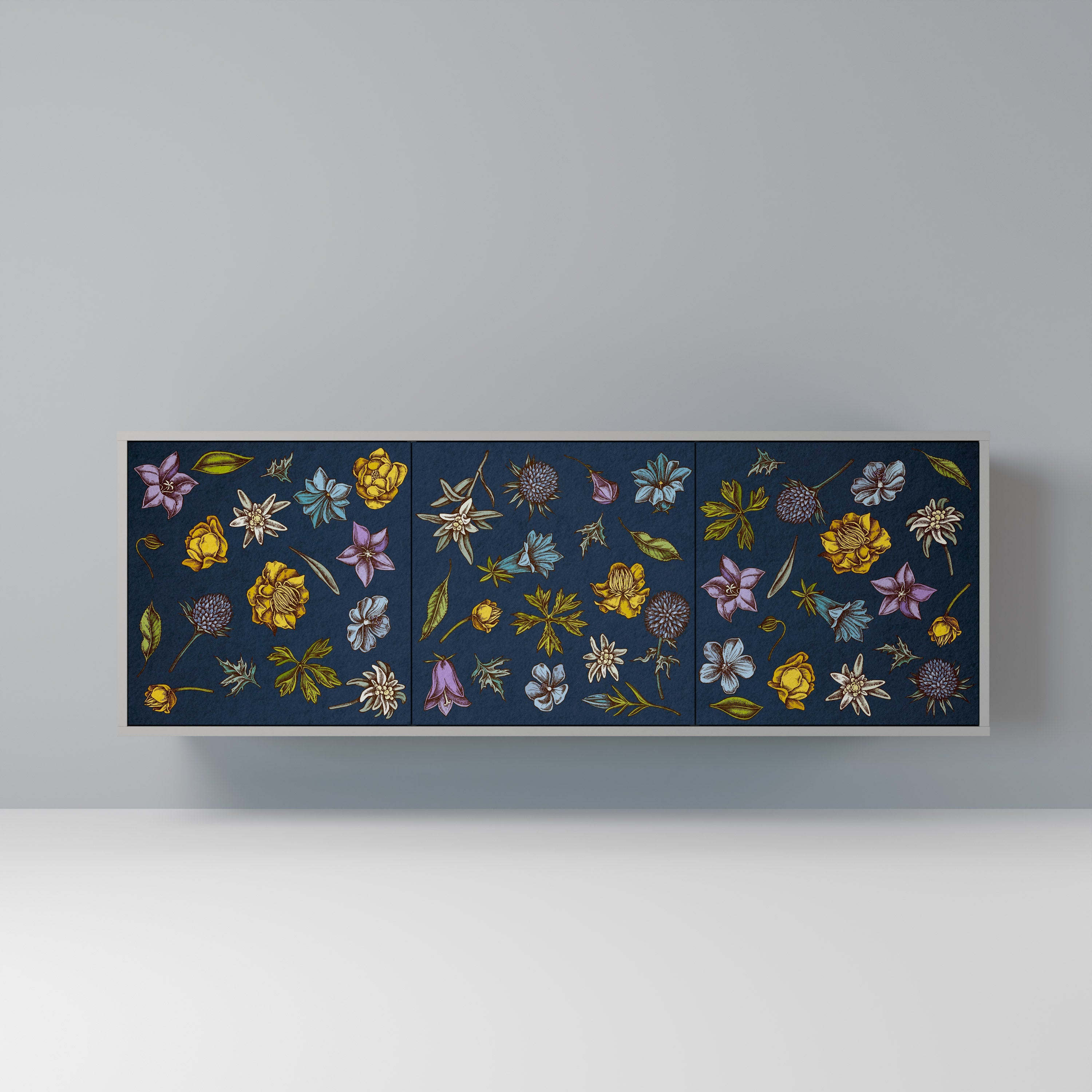 BLUMEN AUF MARINEBLAUEM 3-türigem Sideboard in grauem Finish