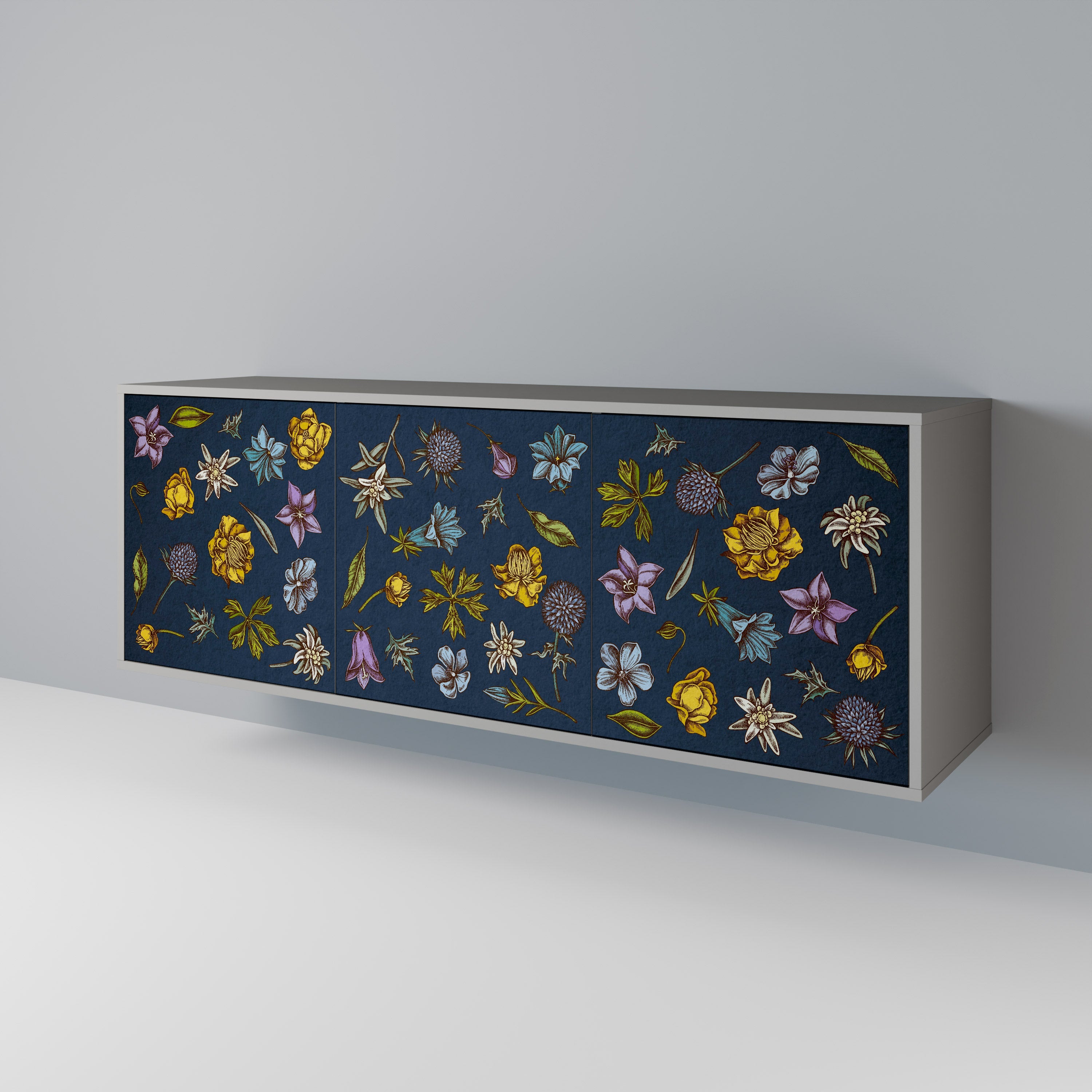 BLUMEN AUF MARINEBLAUEM 3-türigem Sideboard in grauem Finish