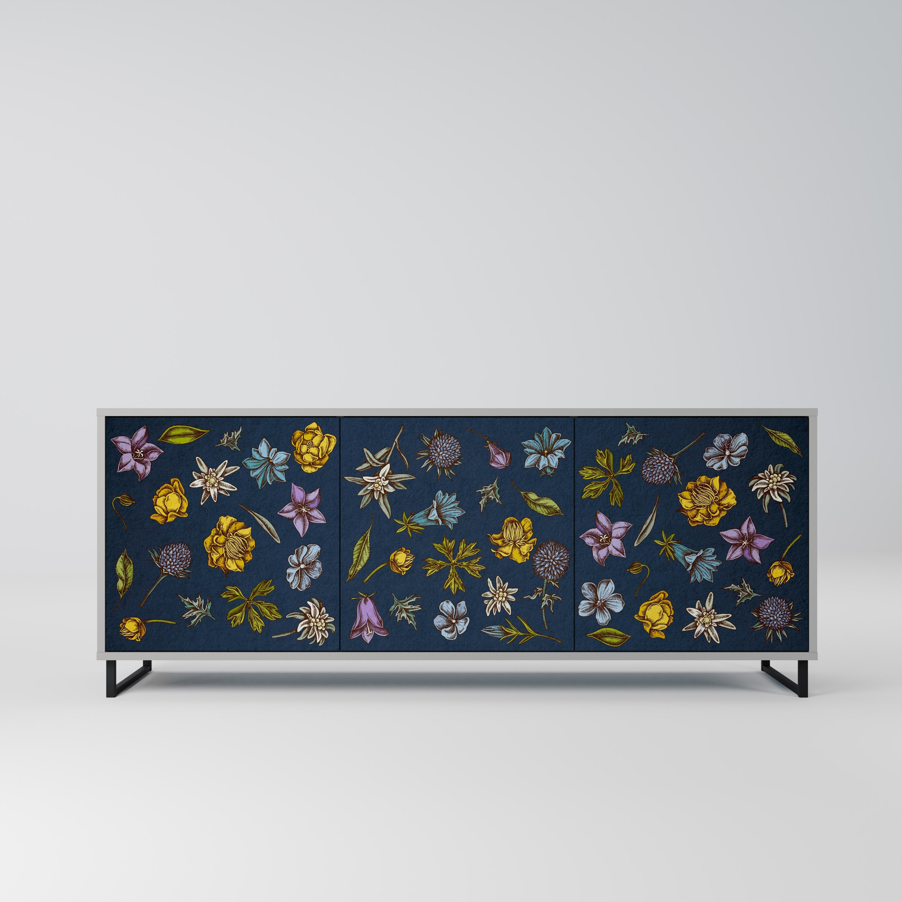 BLUMEN AUF MARINEBLAUEM 3-türigem Sideboard in grauem Finish