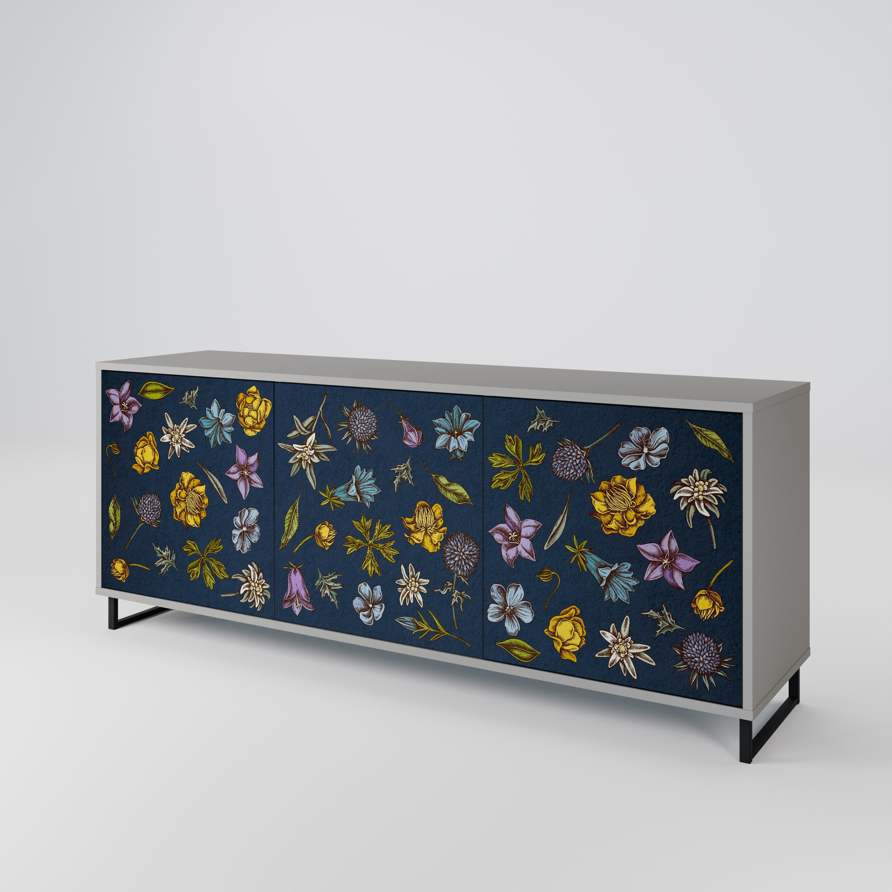 BLUMEN AUF MARINEBLAUEM 3-türigem Sideboard in grauem Finish
