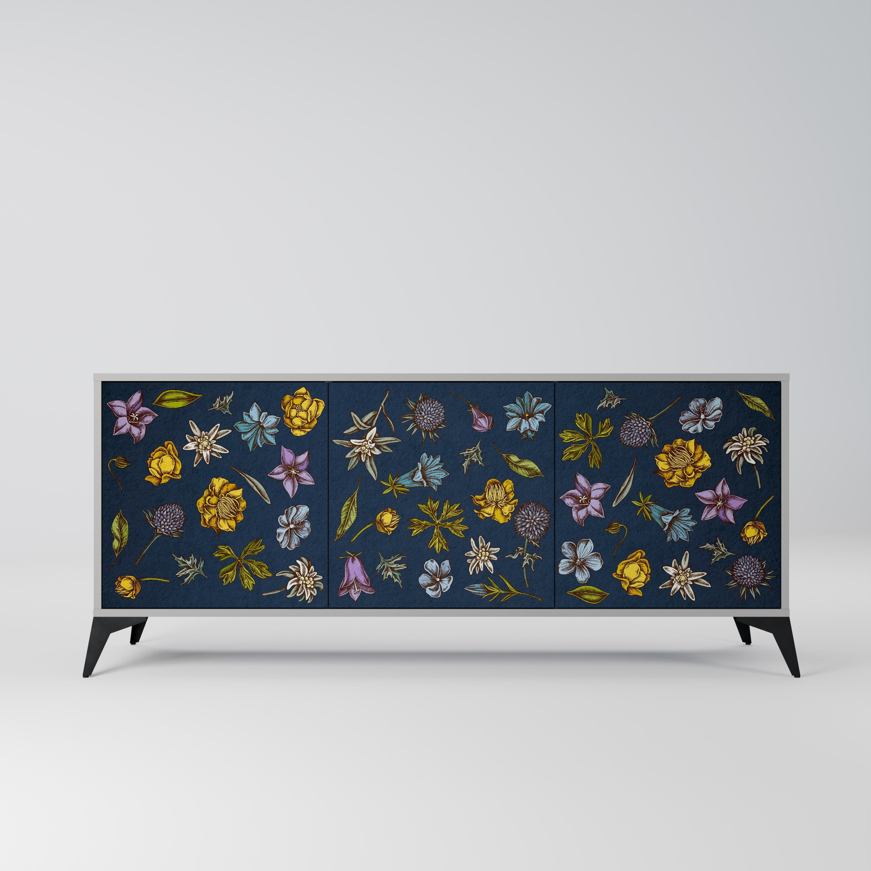 BLUMEN AUF MARINEBLAUEM 3-türigem Sideboard in grauem Finish