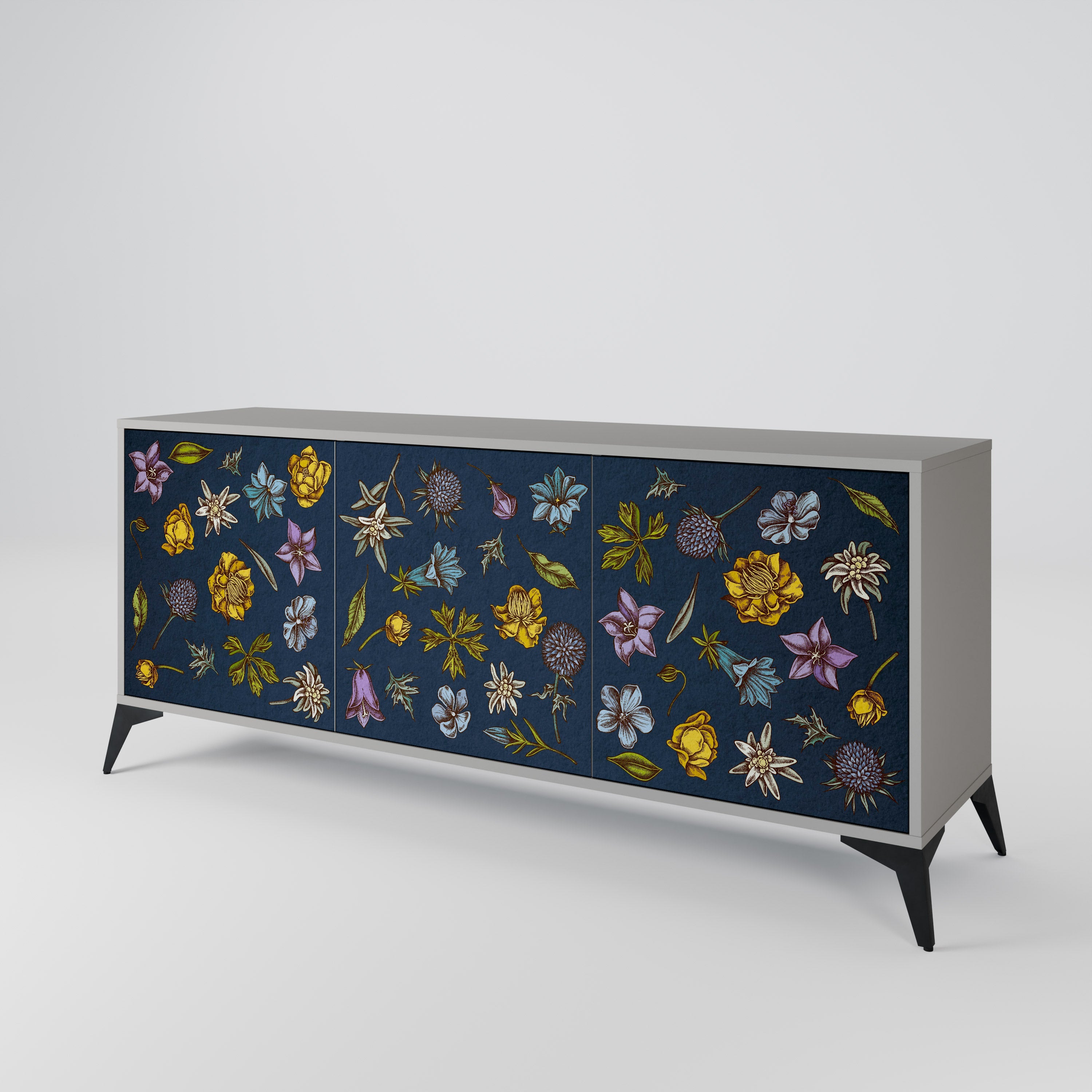 BLUMEN AUF MARINEBLAUEM 3-türigem Sideboard in grauem Finish